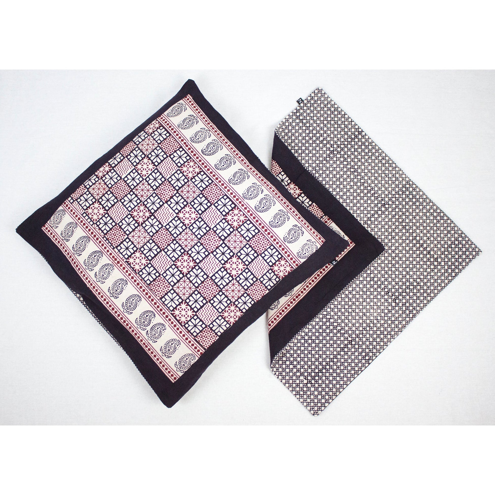 Checks and Diamond Hand Block Print Cotton Cushion Cover White Black Red
