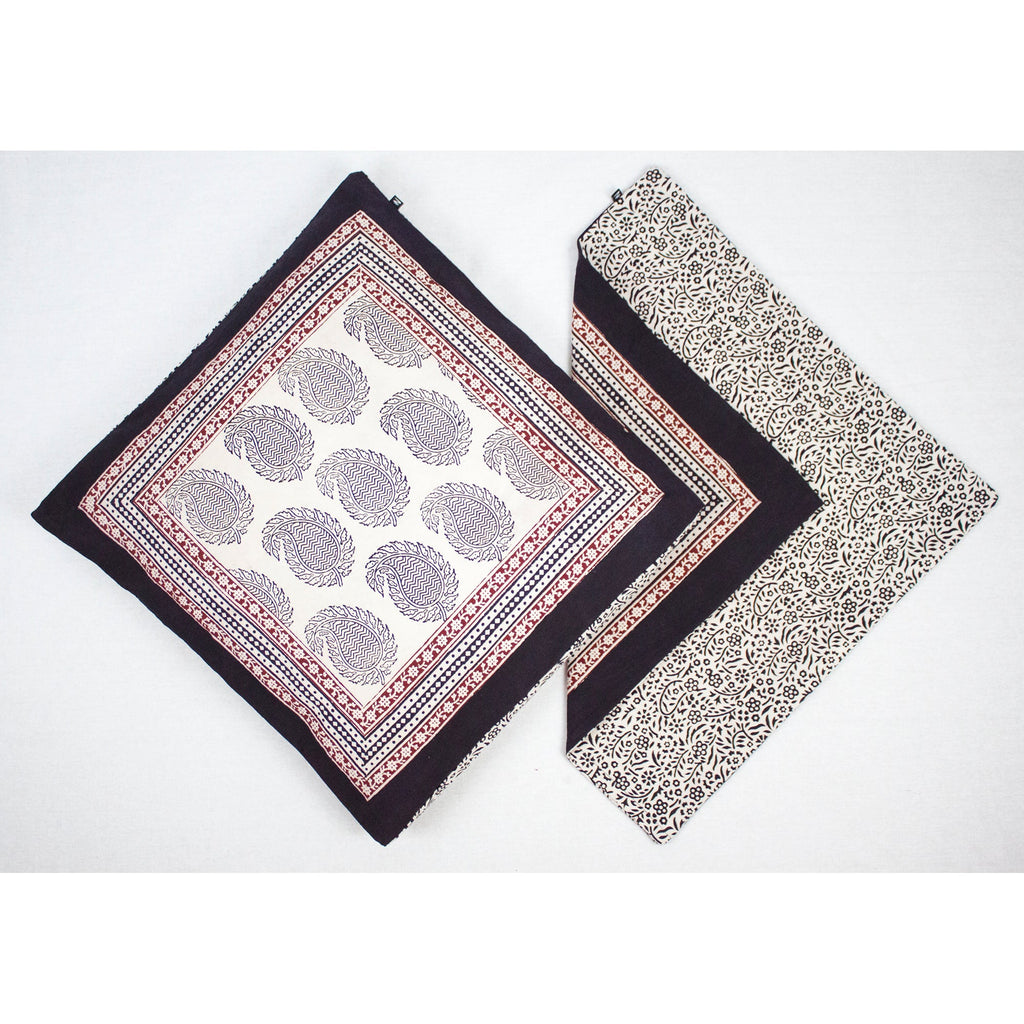 Paisley and Floral Hand Block Print Cotton Cushion Cover in White Black Red