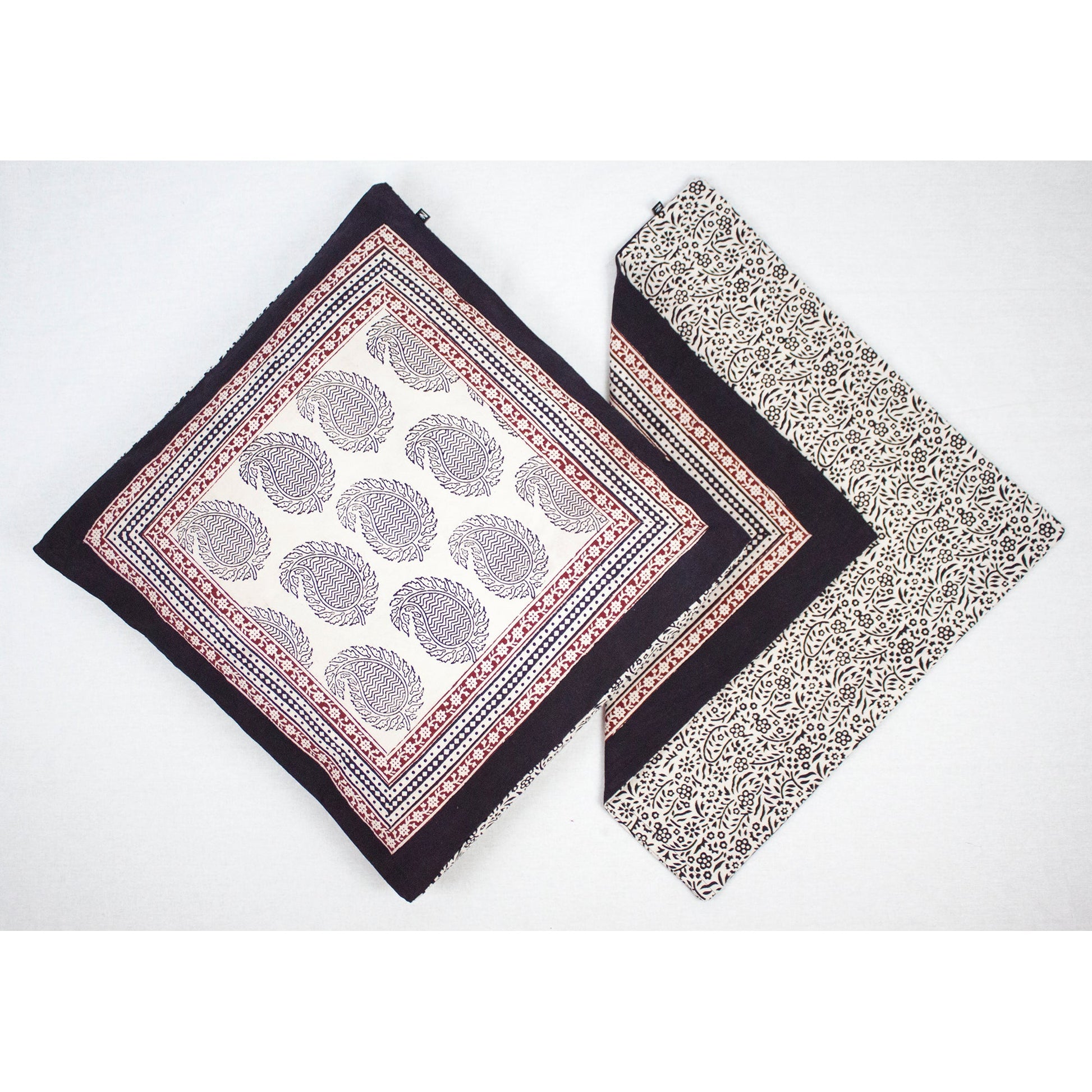 Paisley and Floral Hand Block Print Cotton Cushion Cover in White Black Red