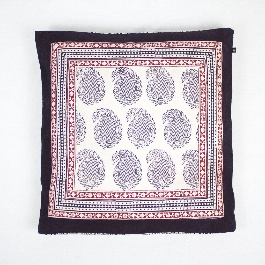 Paisley and Floral Hand Block Print Cotton Cushion Cover in White Black Red
