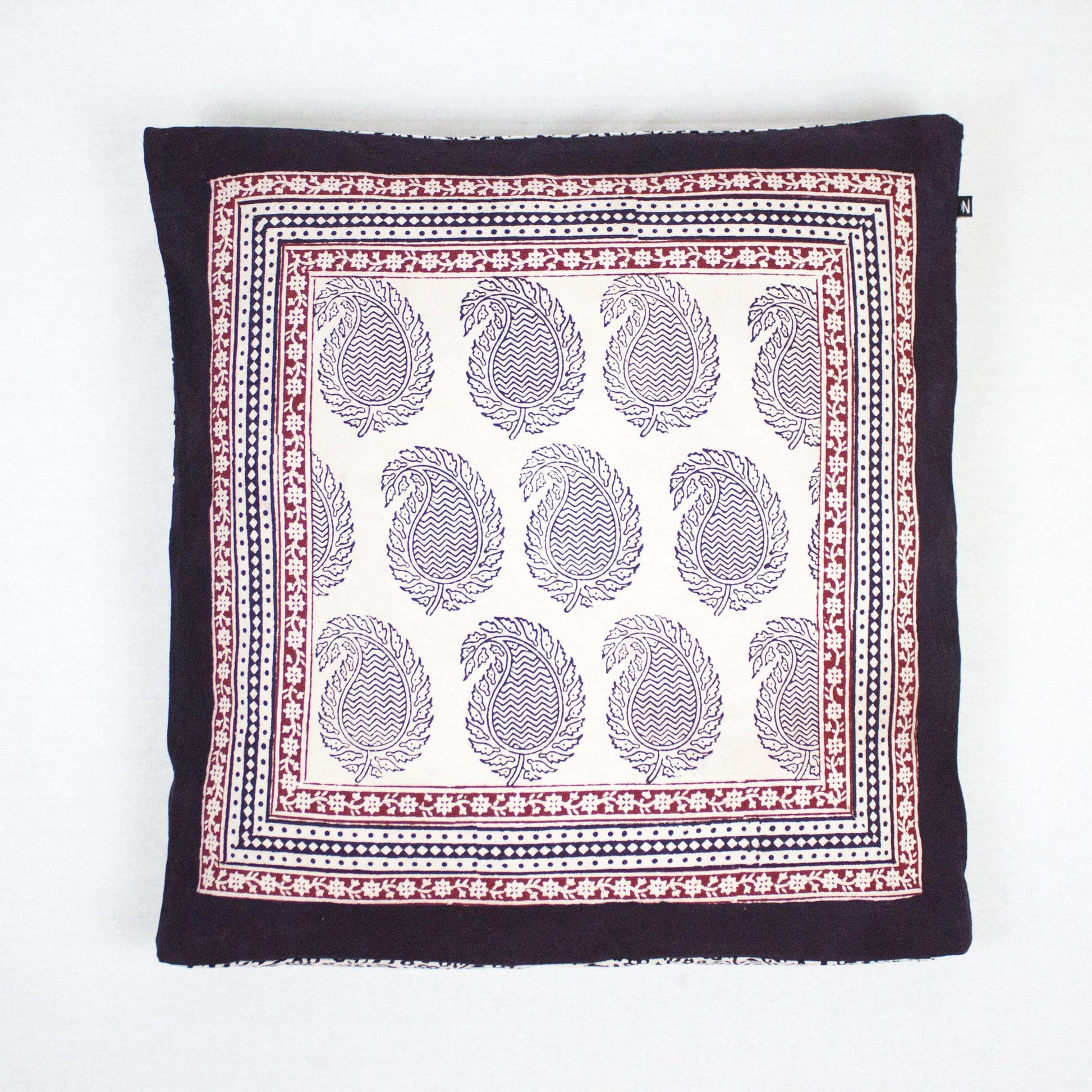 Paisley and Floral Hand Block Print Cotton Cushion Cover in White Black Red