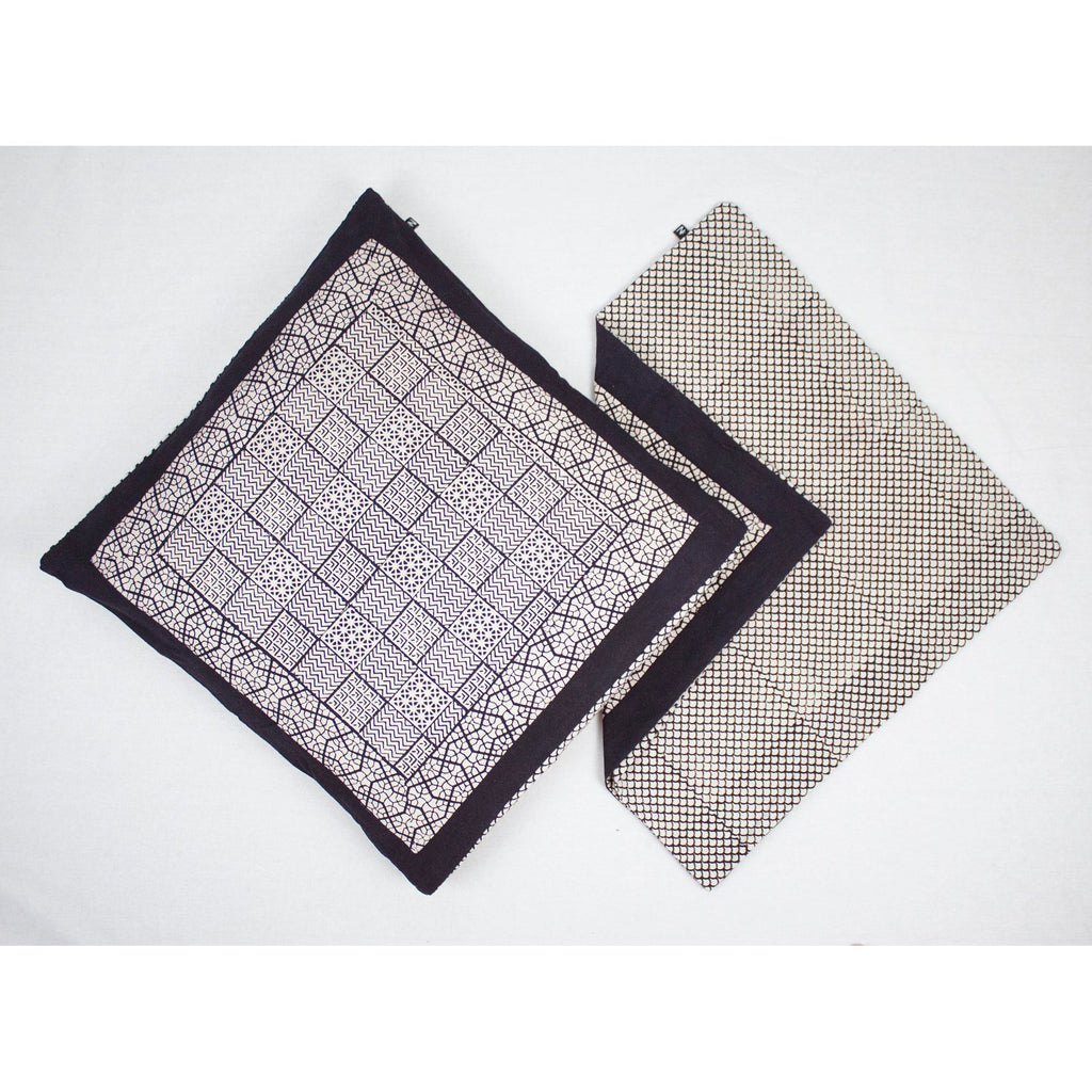 Checks and Seashell Hand Block Print Cotton Cushion Cover White and Black