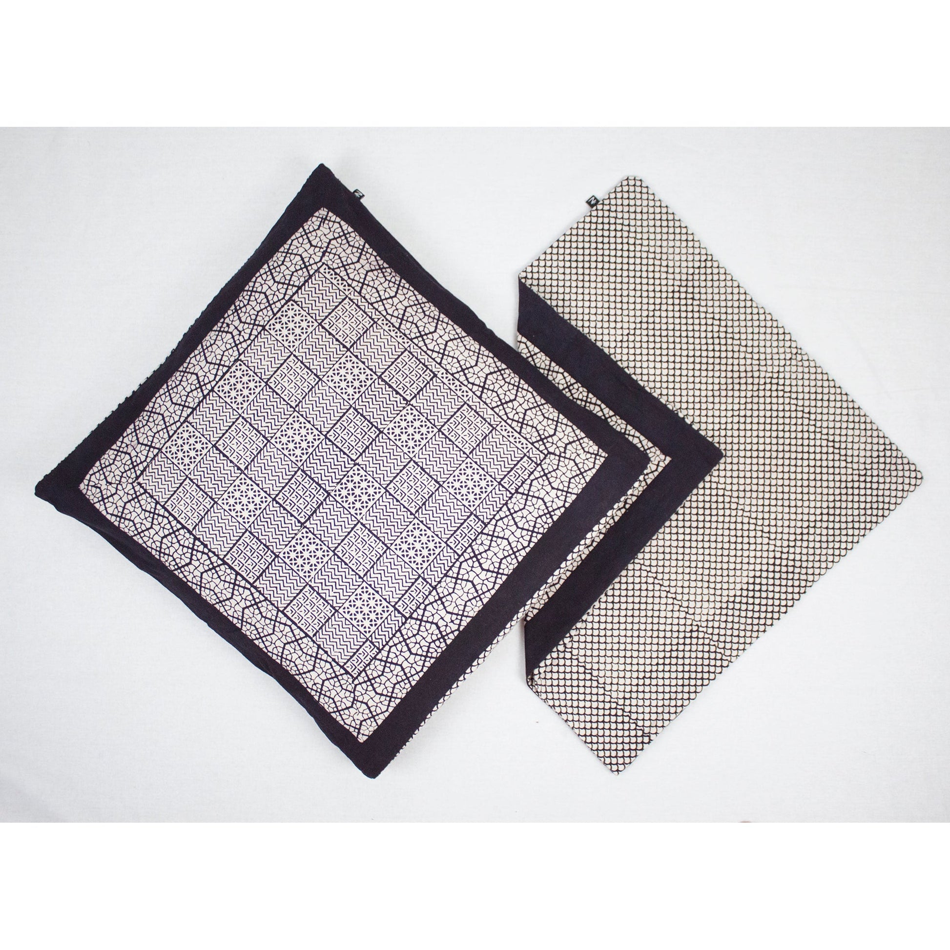 Checks and Seashell Hand Block Print Cotton Cushion Cover White and Black