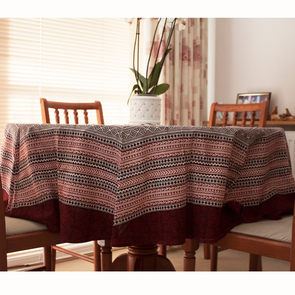 Ditsy Diamond Hand Block Print Round Tablecloth in Black and Red