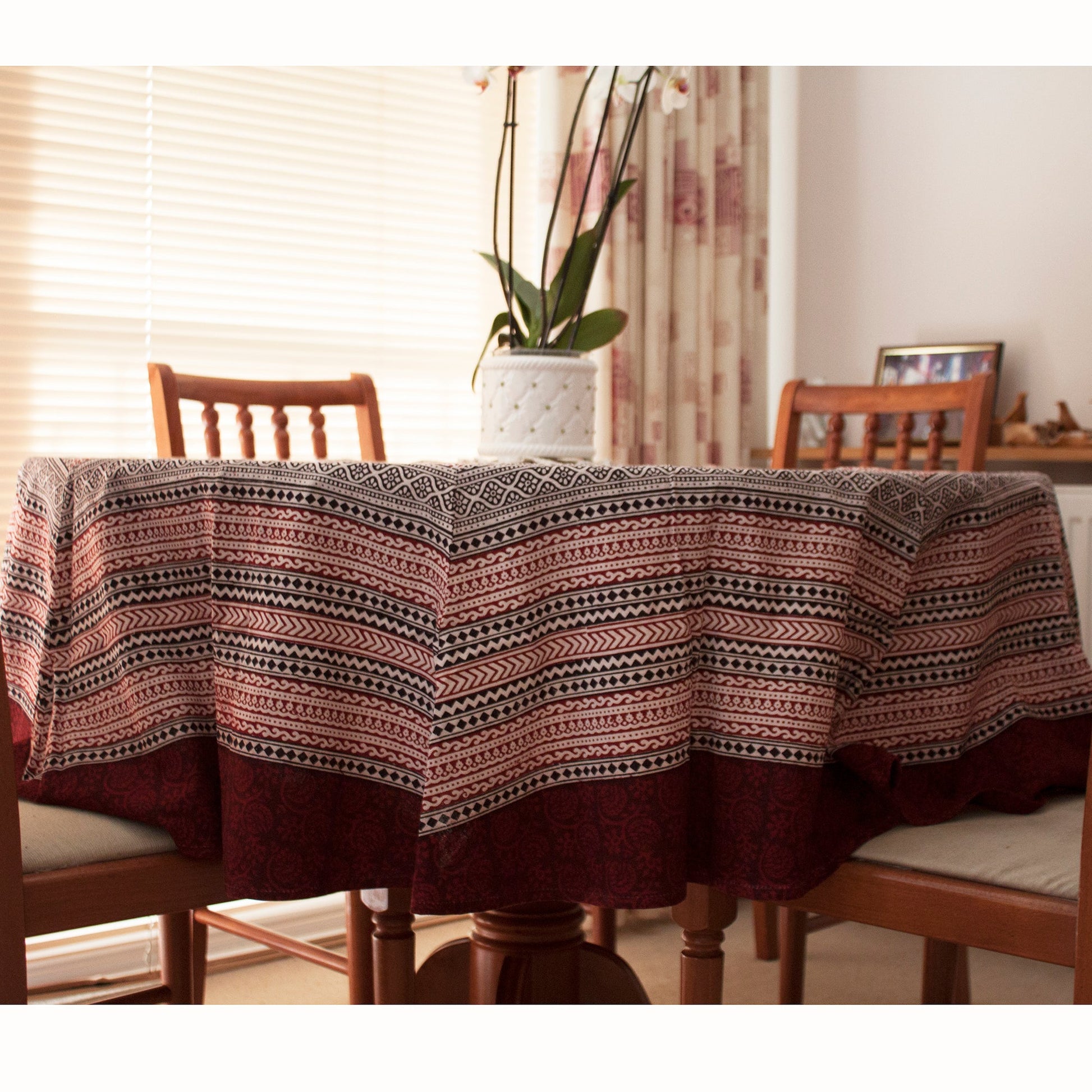 Ditsy Diamond Hand Block Print Round Tablecloth in Black and Red