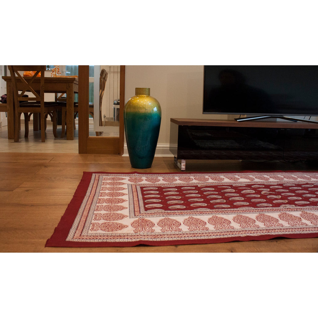 Red White Paisley Hand Block Print Area Runner Rug