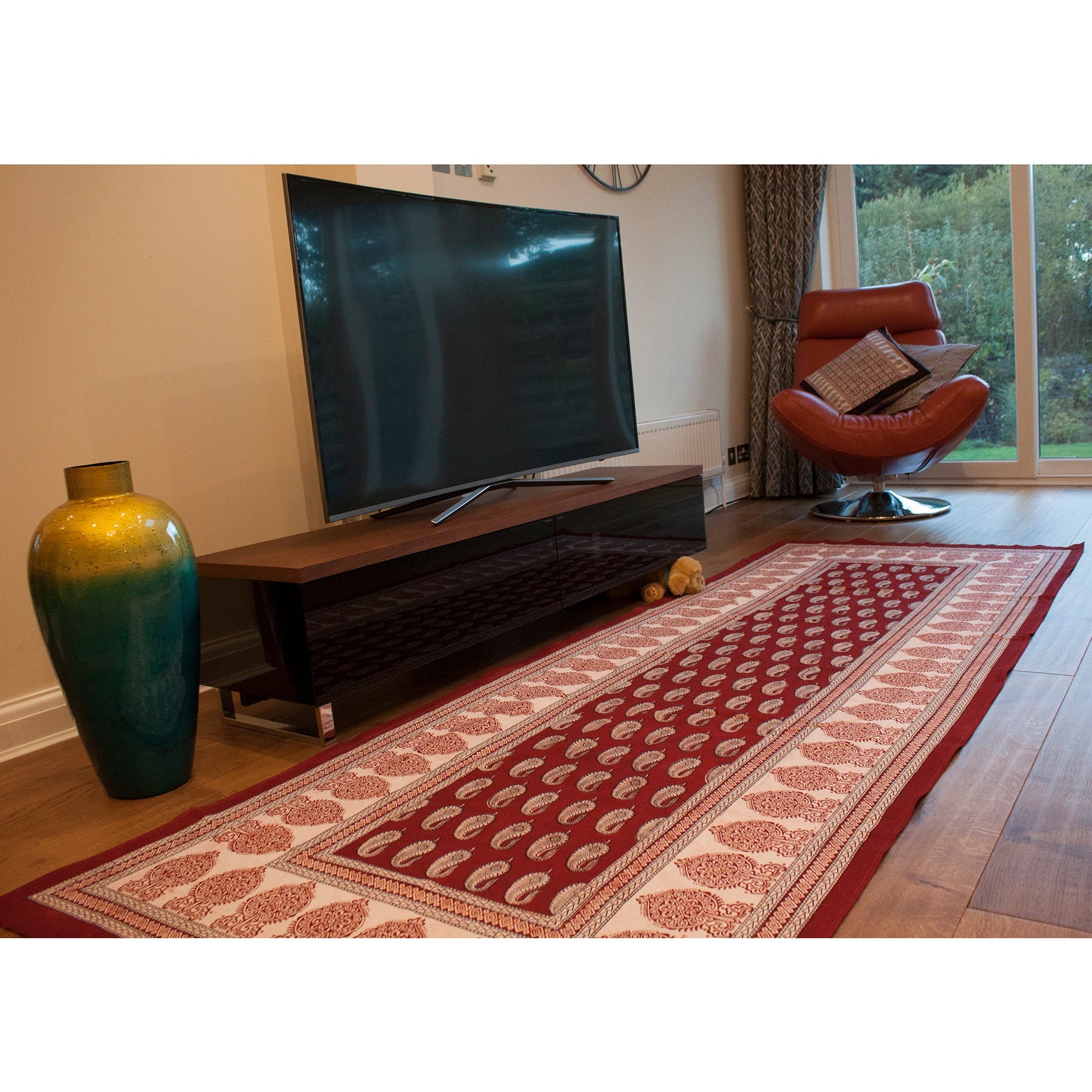Red White Paisley Hand Block Print Area Runner Rug