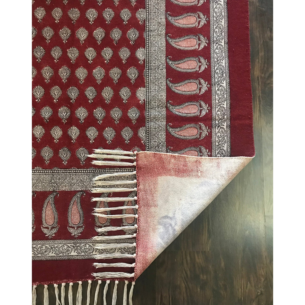 Traditional Paisley Hand Block Print Rug in Red and White