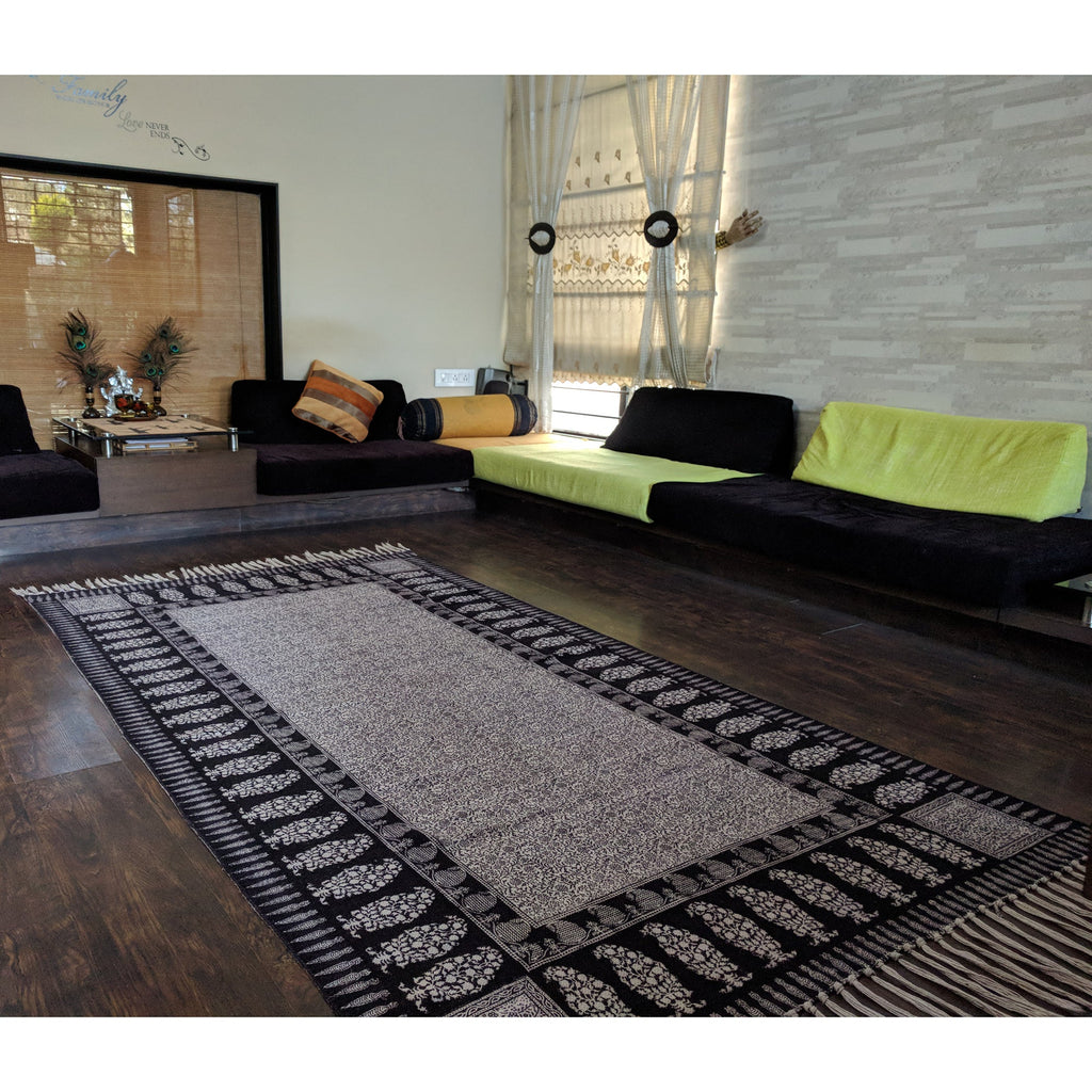 Floral and Paisley Hand Block Print Cotton Rug in White and Black