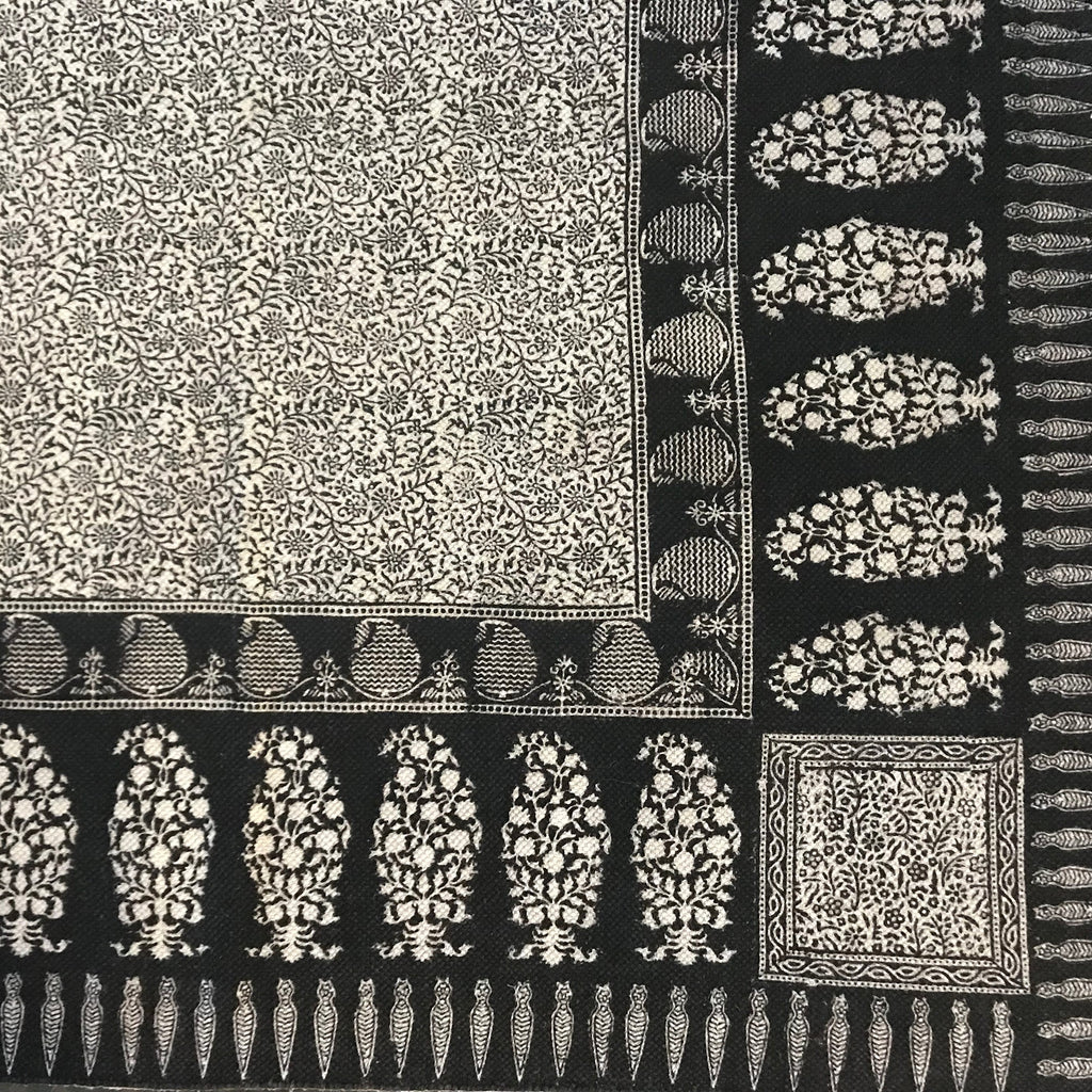 Floral and Paisley Hand Block Print Cotton Rug in White and Black