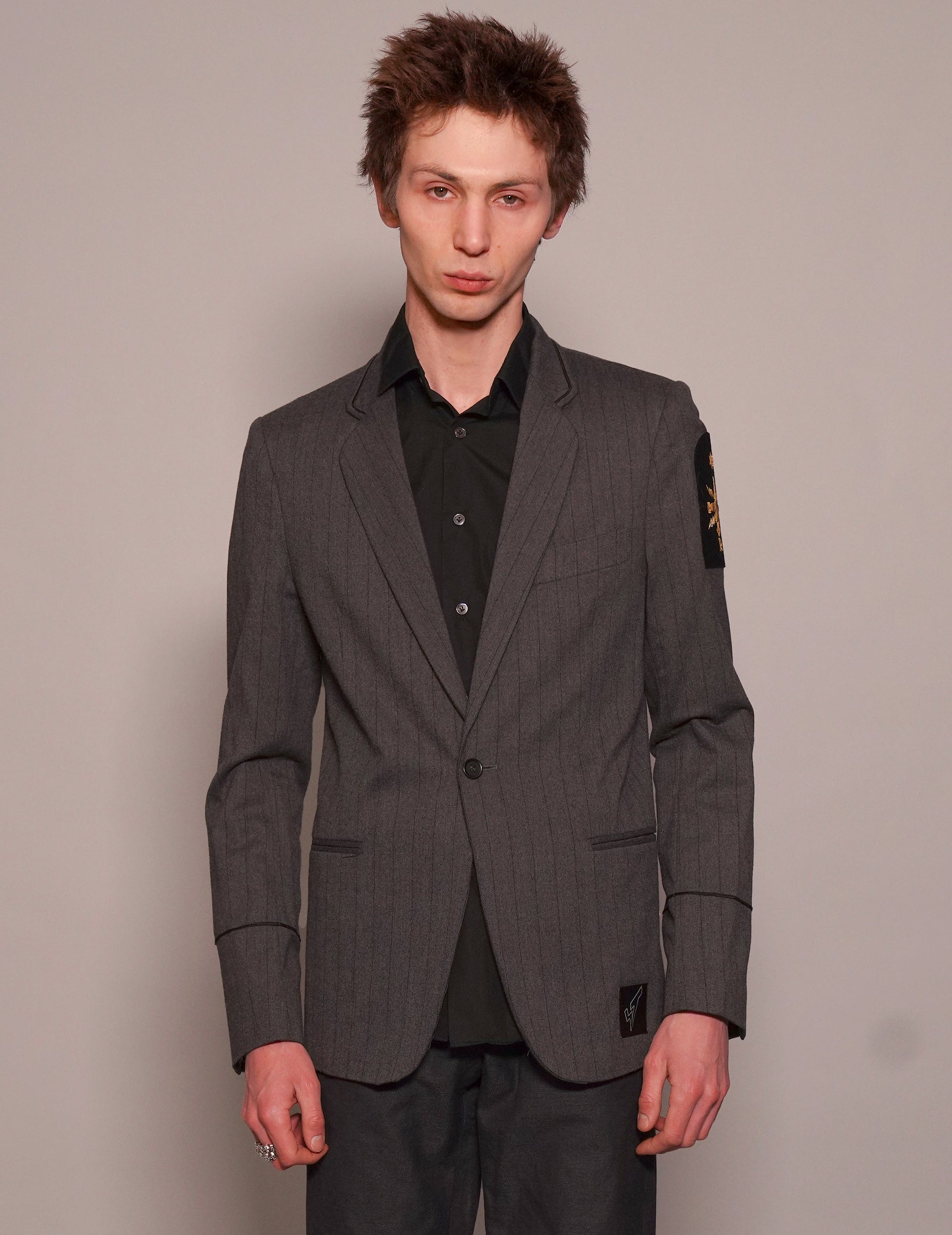 Striped Grey Wool Blazer with Vintage Navy Patch