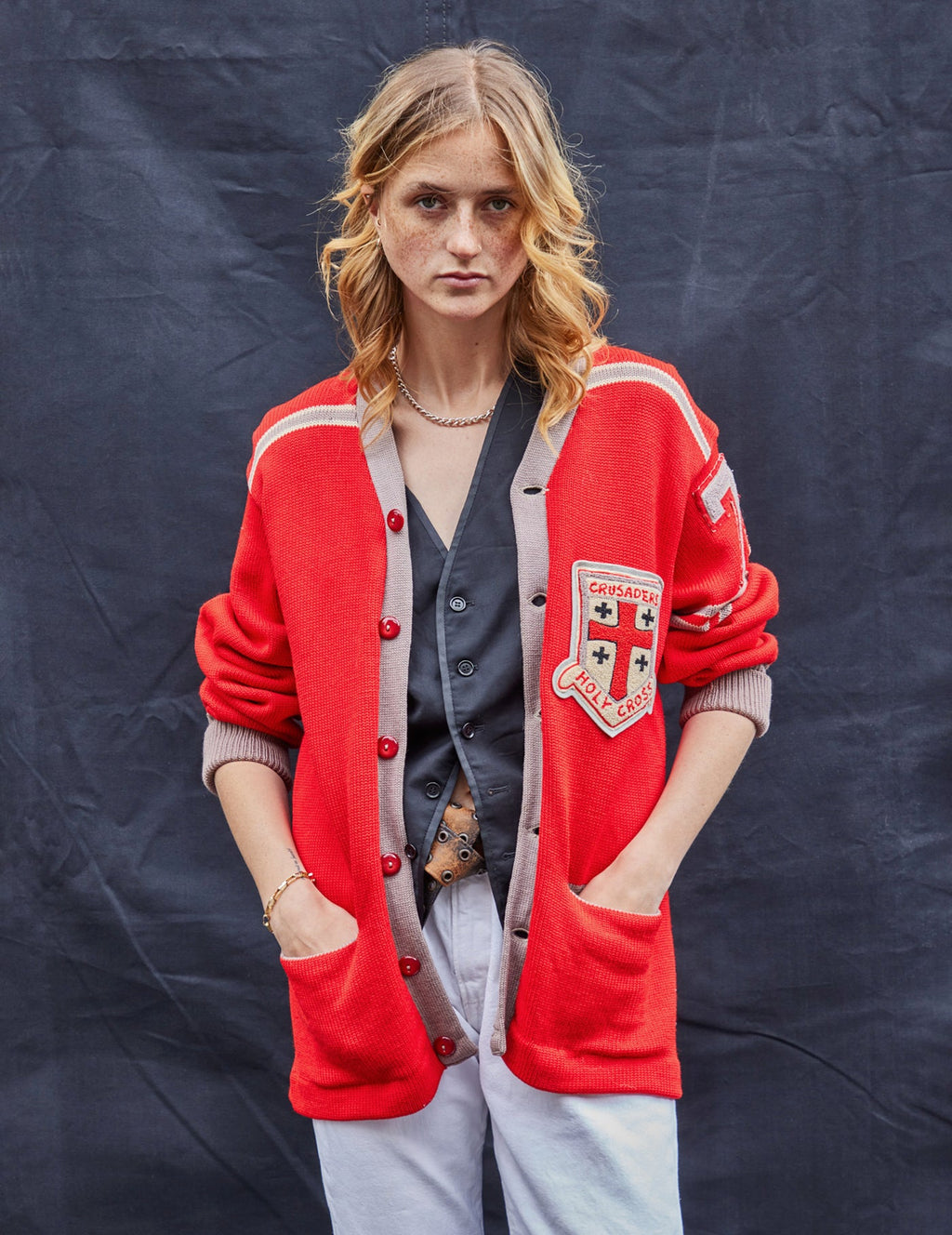 Vintage Crusader Cardigan in Jewel Red Wool