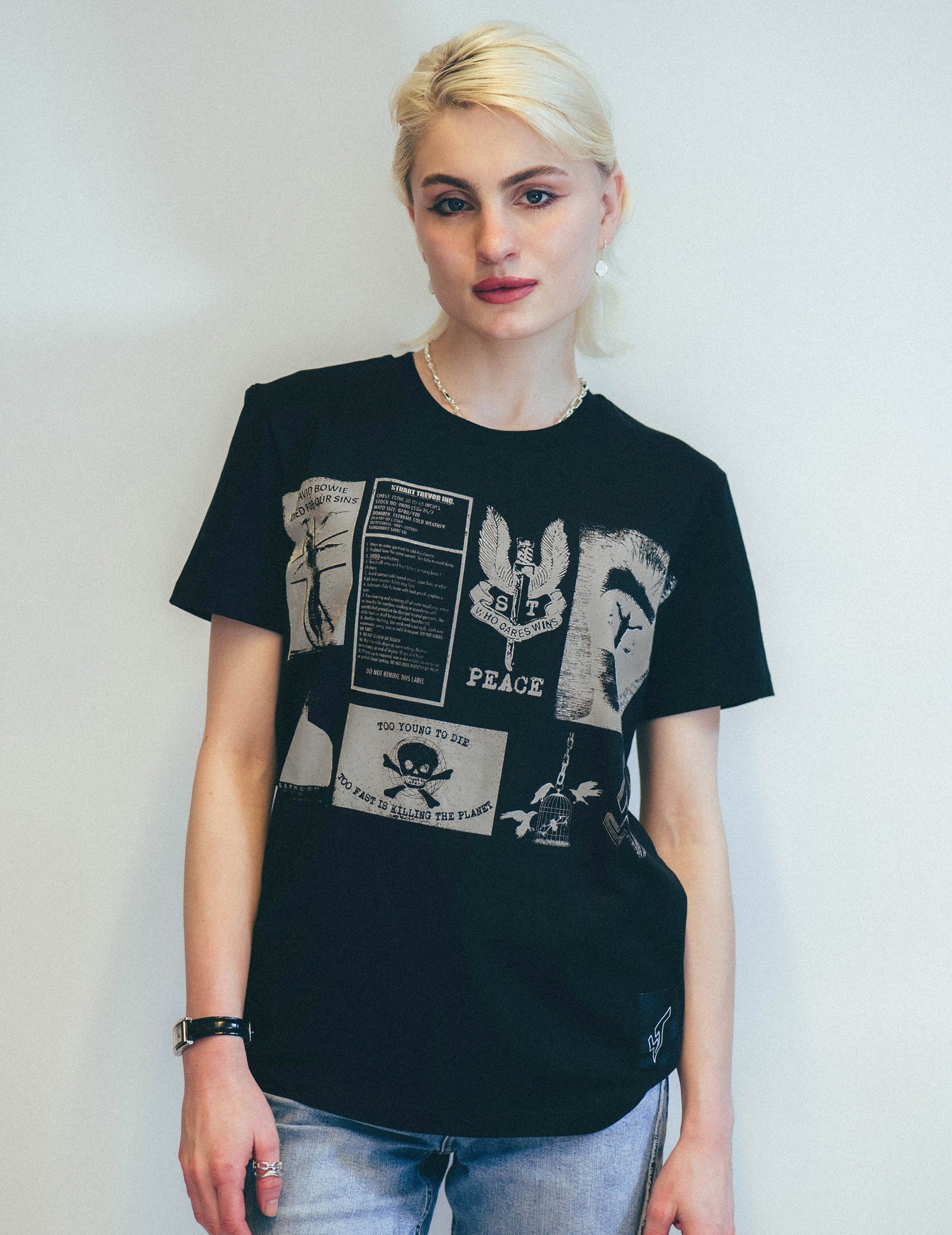 Black T-Shirt with Rock and Roll Printed Patches