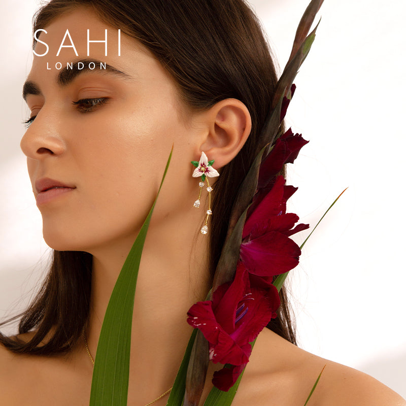 Enchanting Garden Dangling Earrings with Hand Enameled Flowers