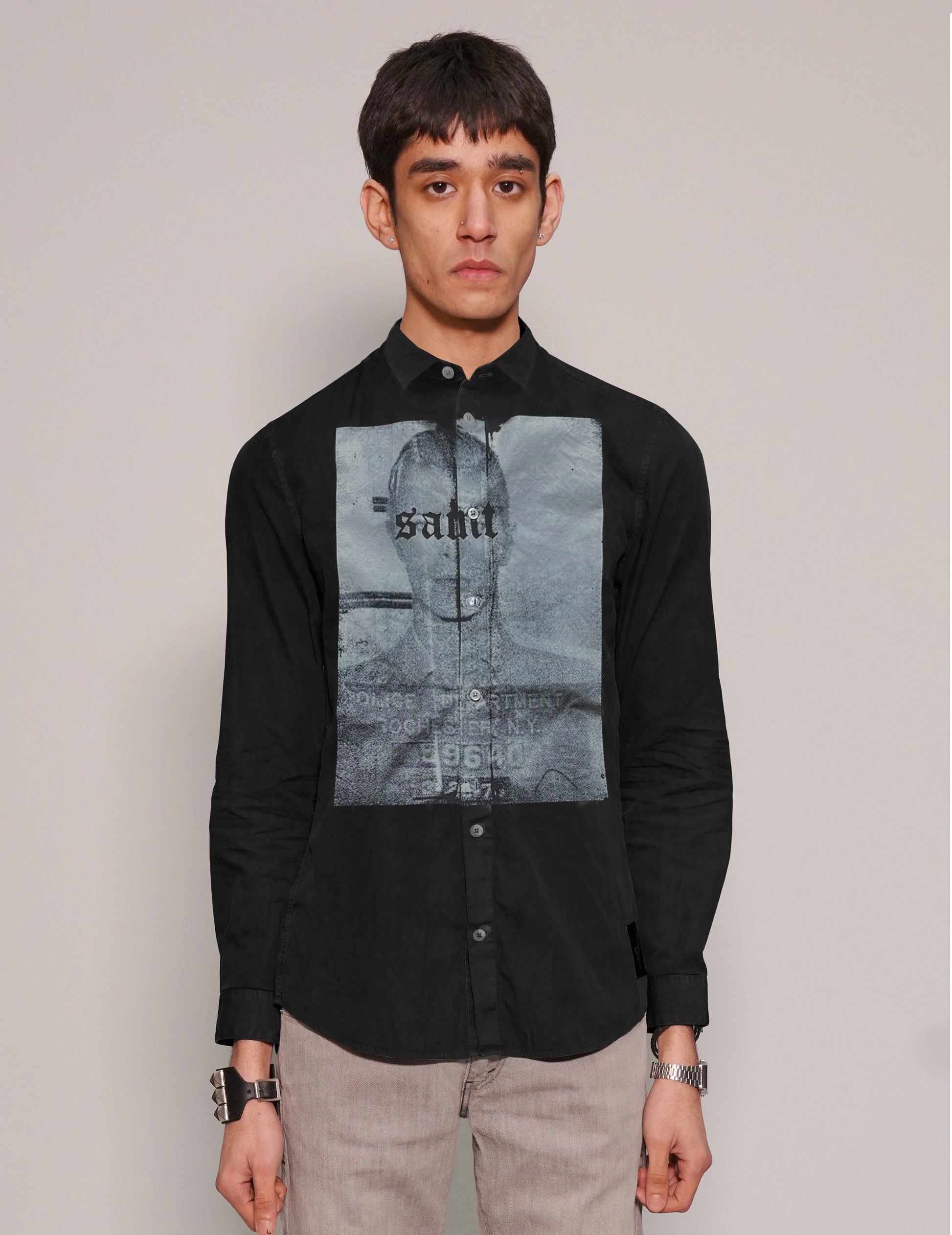 Saint Black Shirt with Rock Icon Mugshot Print
