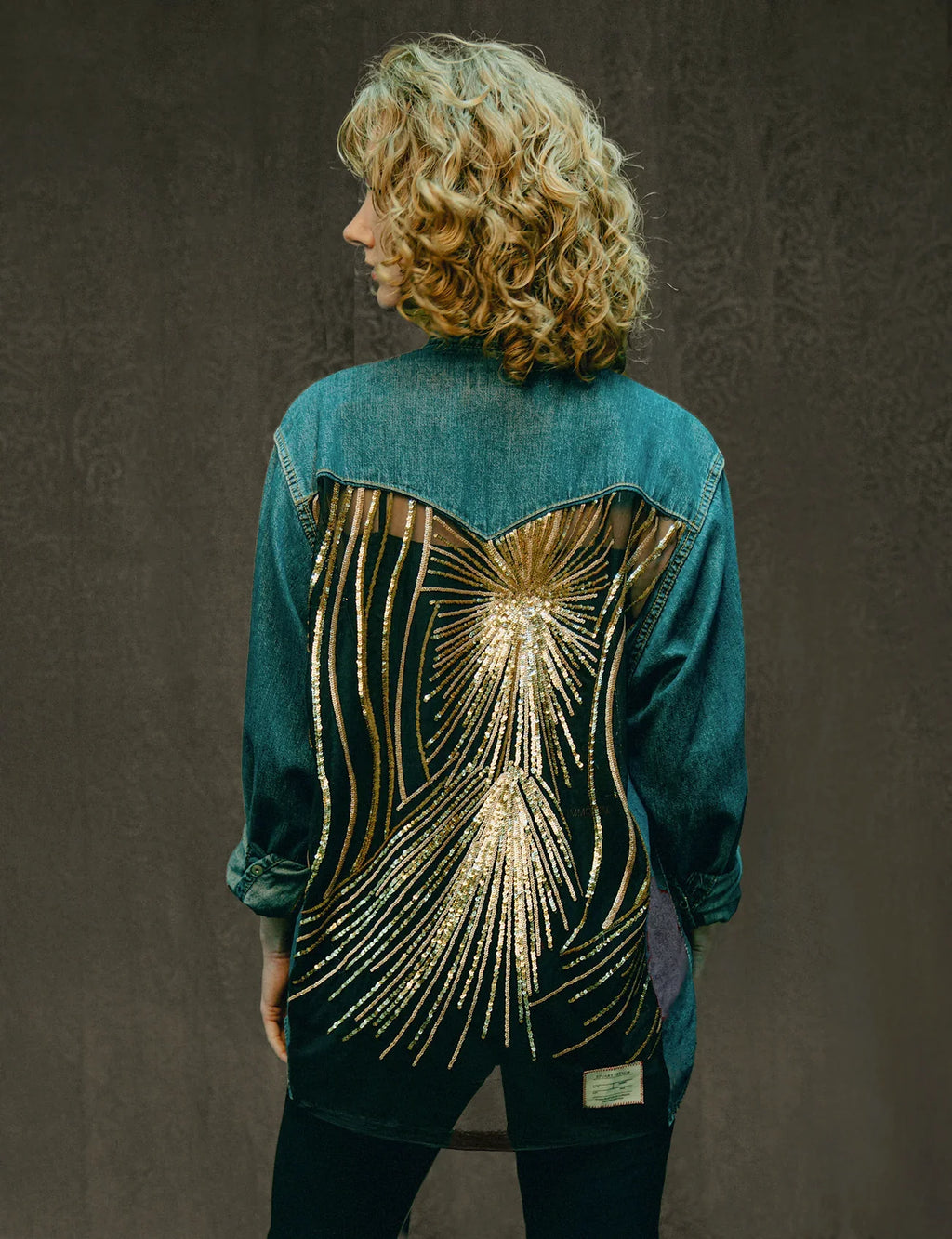 Party Back Shirt Gold Star Sequin Blue Denim