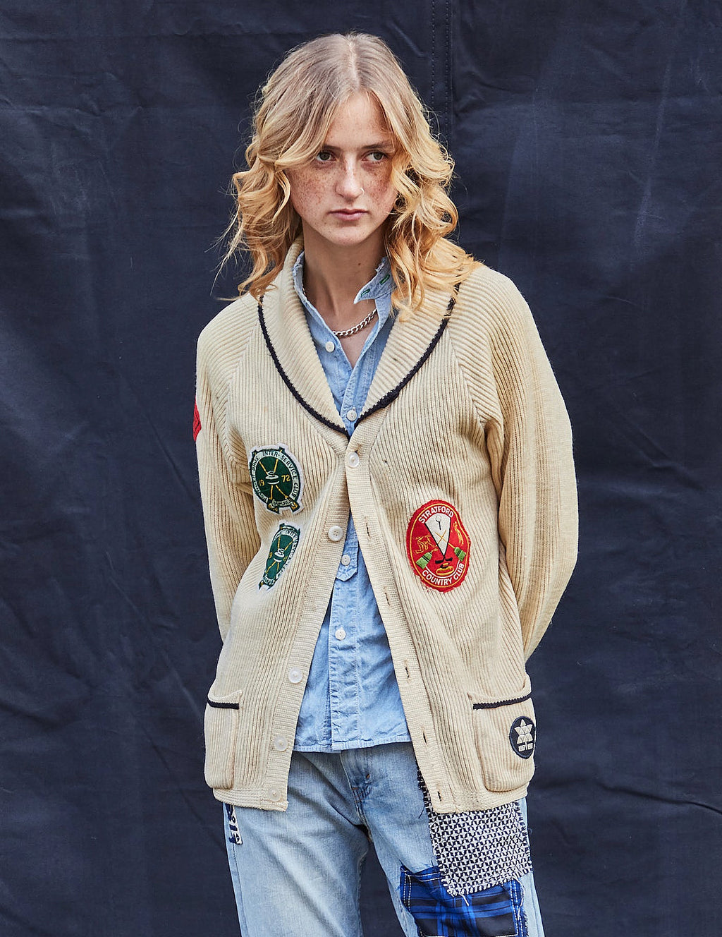 Vintage Beige Wool Cardigan with Embroidered Patches 1970s