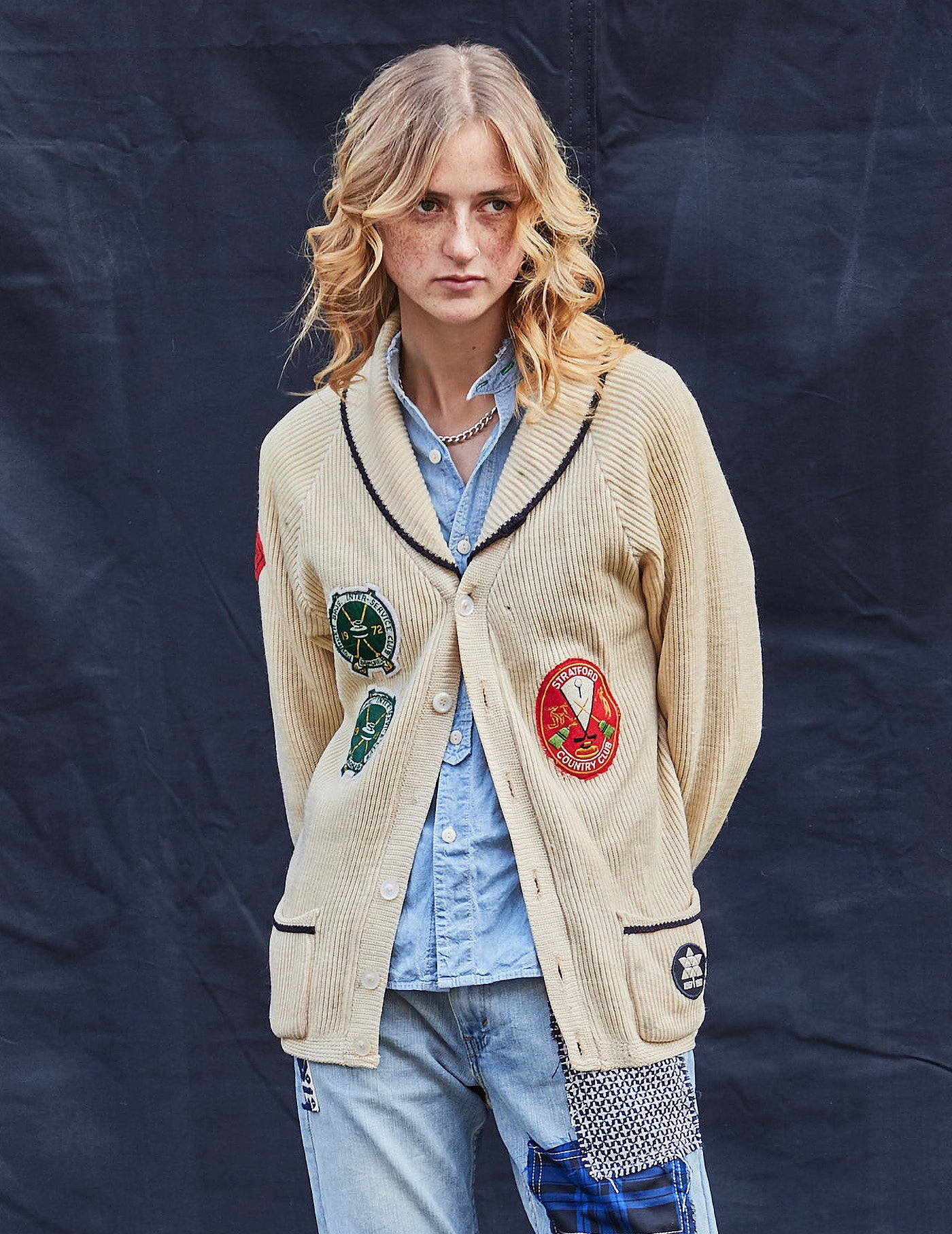 Vintage Beige Wool Cardigan with Embroidered Patches 1970s