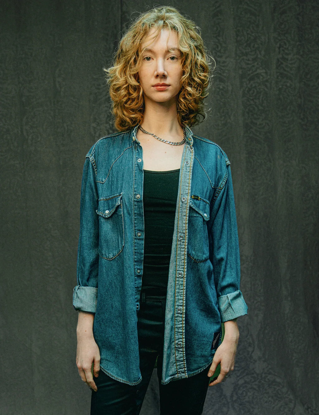 Party Back Shirt Gold Star Sequin Blue Denim