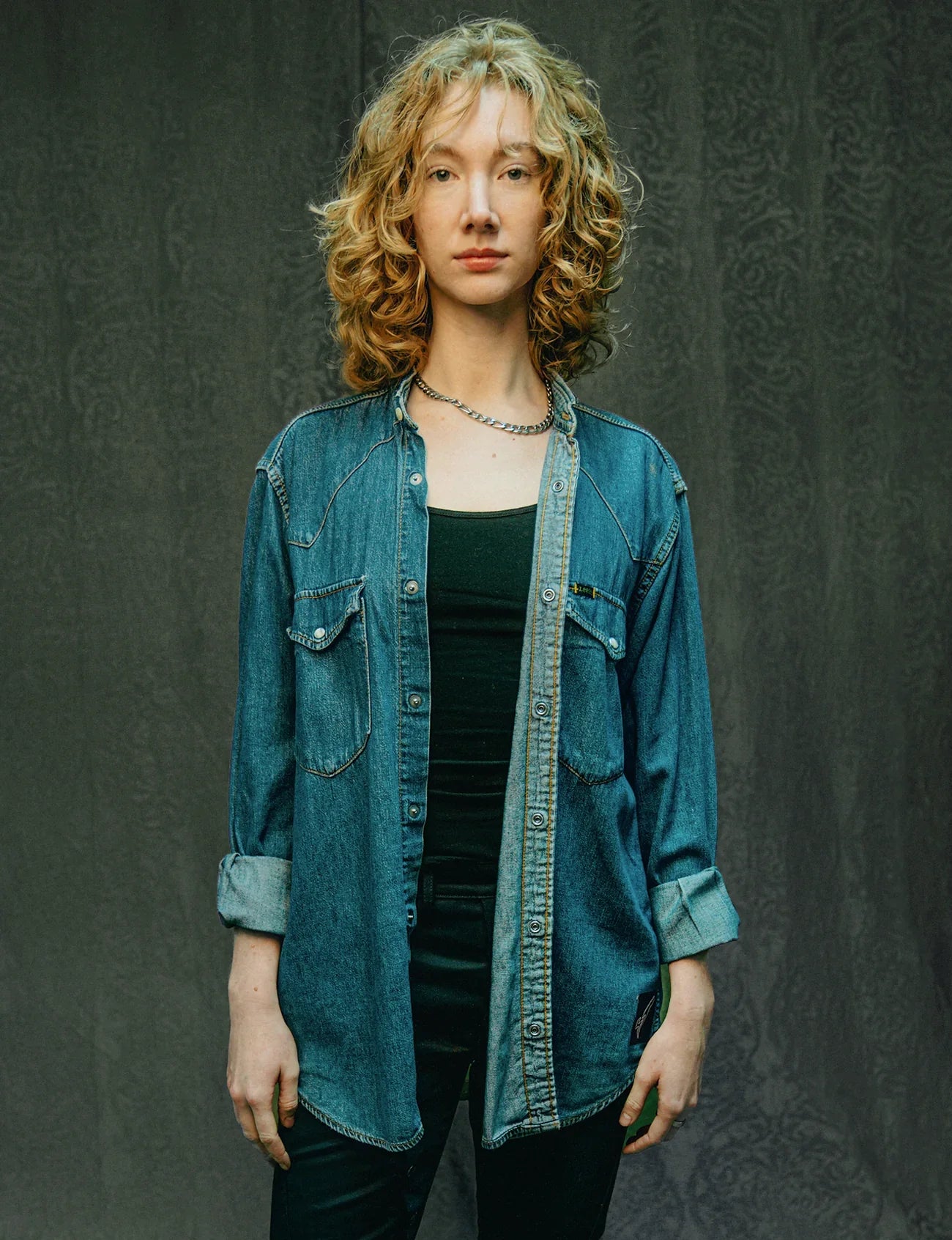 Party Back Shirt Gold Star Sequin Blue Denim