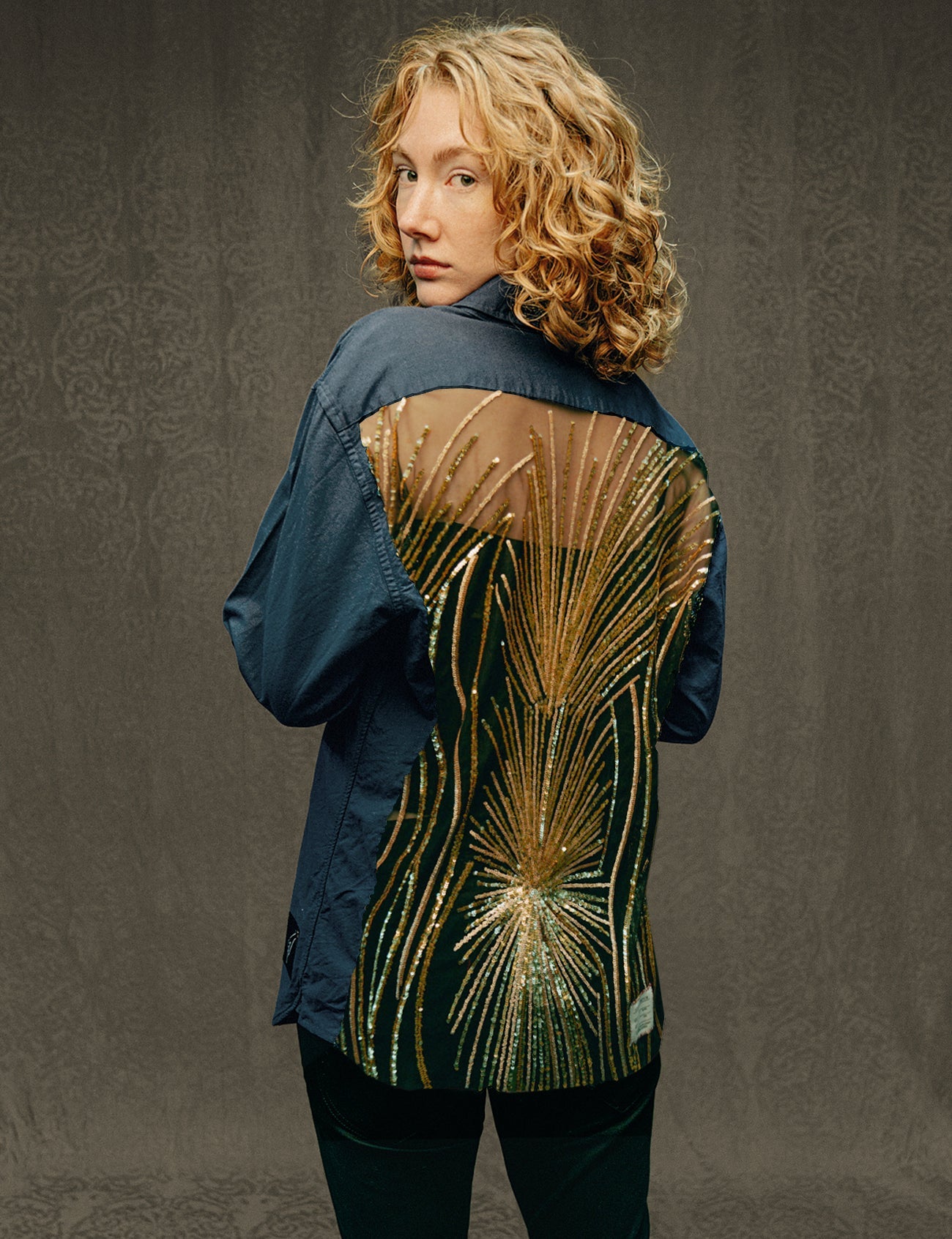 Party Back Shirt Gold Star Sequin Blue Cotton
