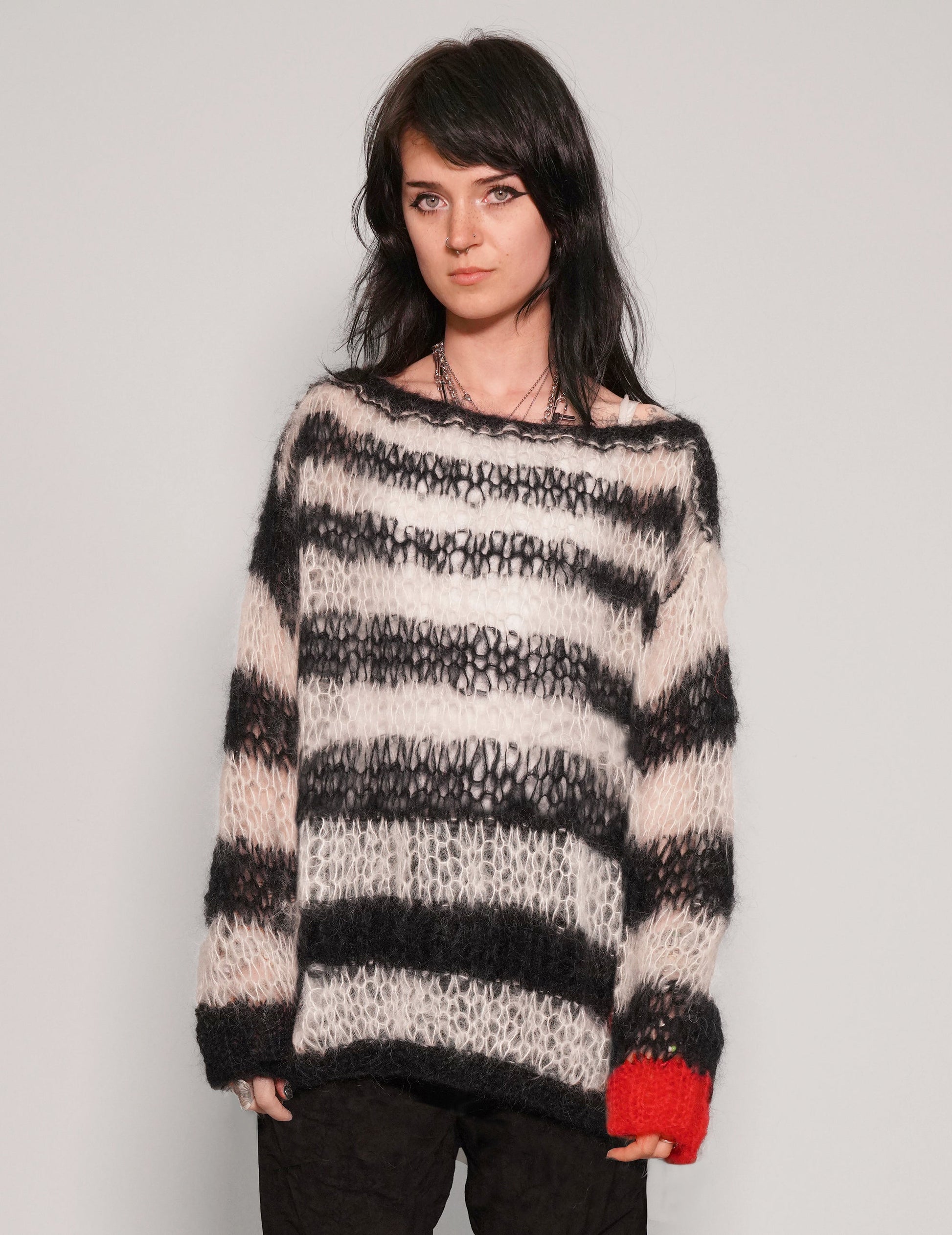 Black and White Striped Mohair Hand Knit Sweater