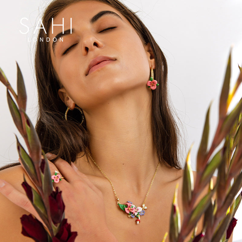 Enchanting Garden Pendant Necklace Hand Enameled Gold Plated