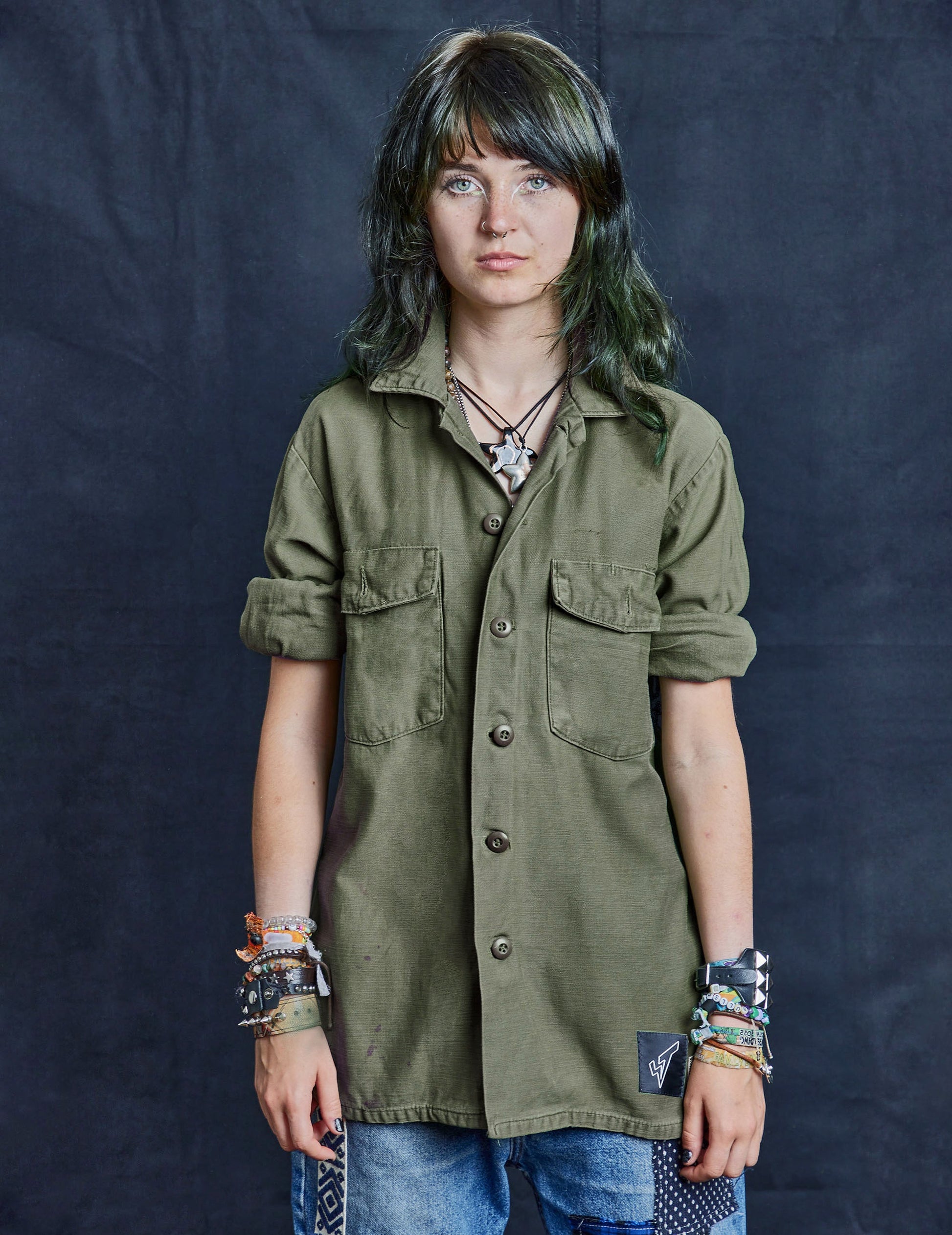 Party Back Shirt Black Sequin Khaki
