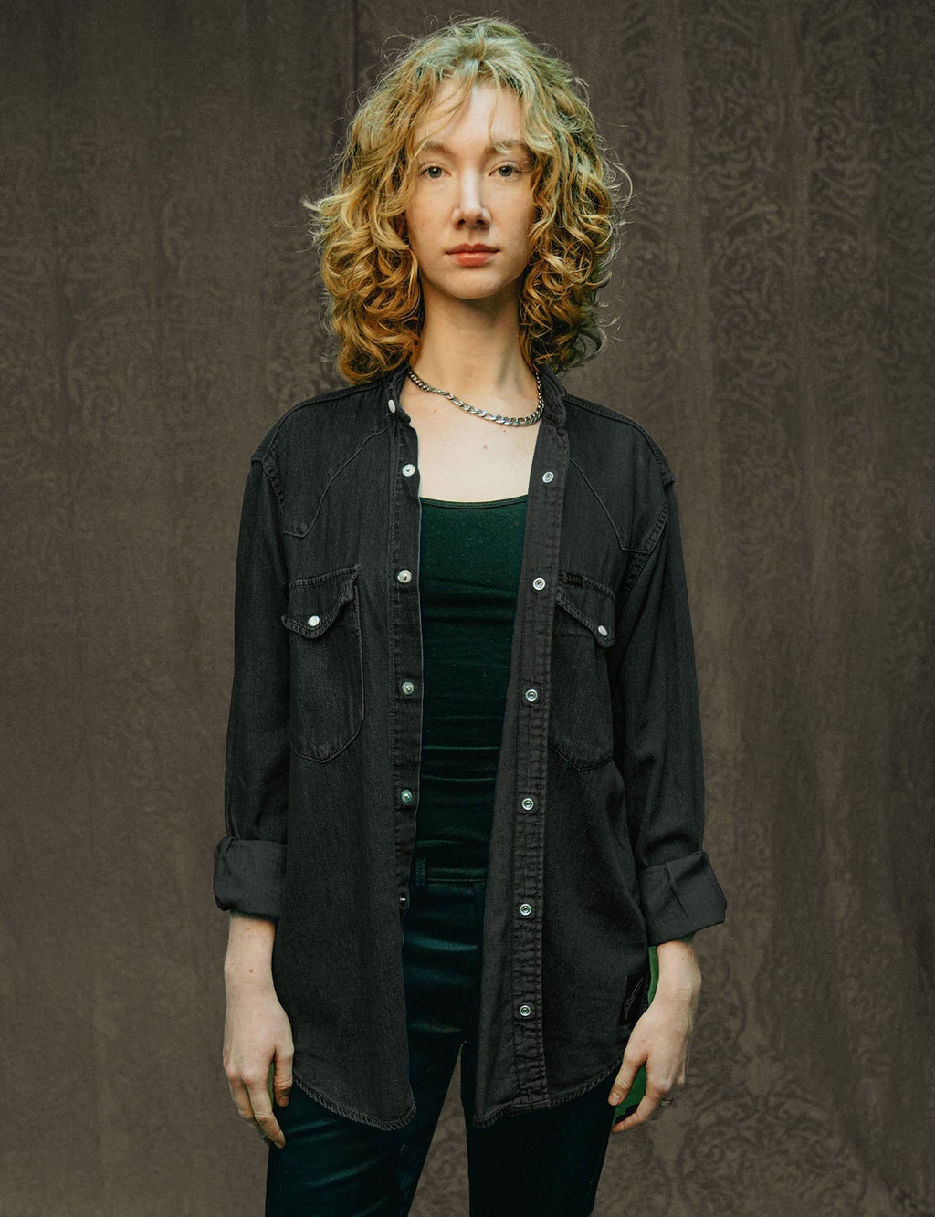 Party Back Shirt Gold Star Sequin Black Denim