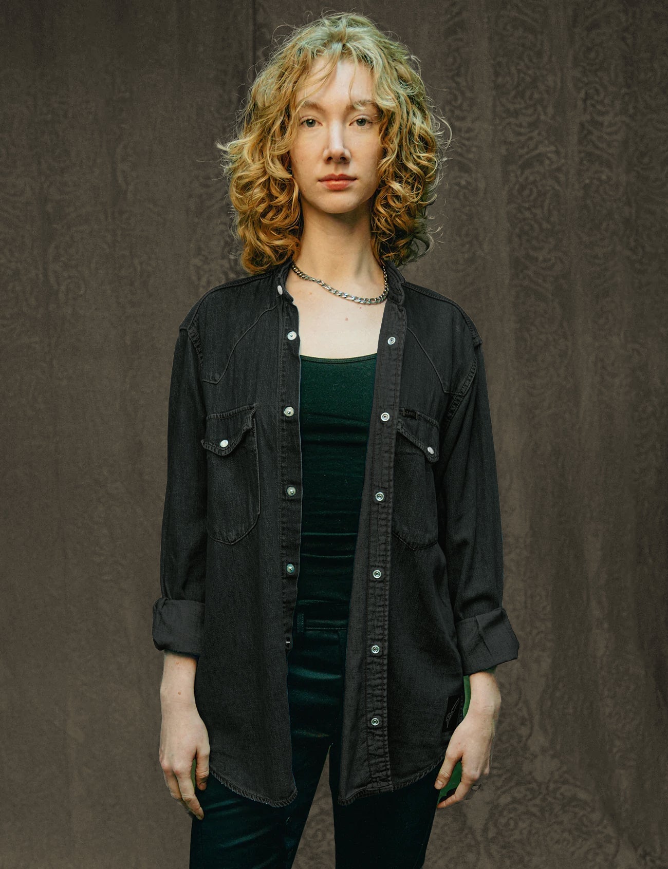 Black Sequin Party Back Denim Shirt