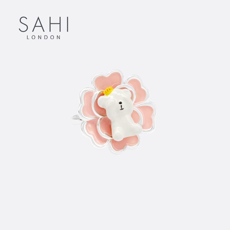 Gold Enameled Round Camellia Bear Ring
