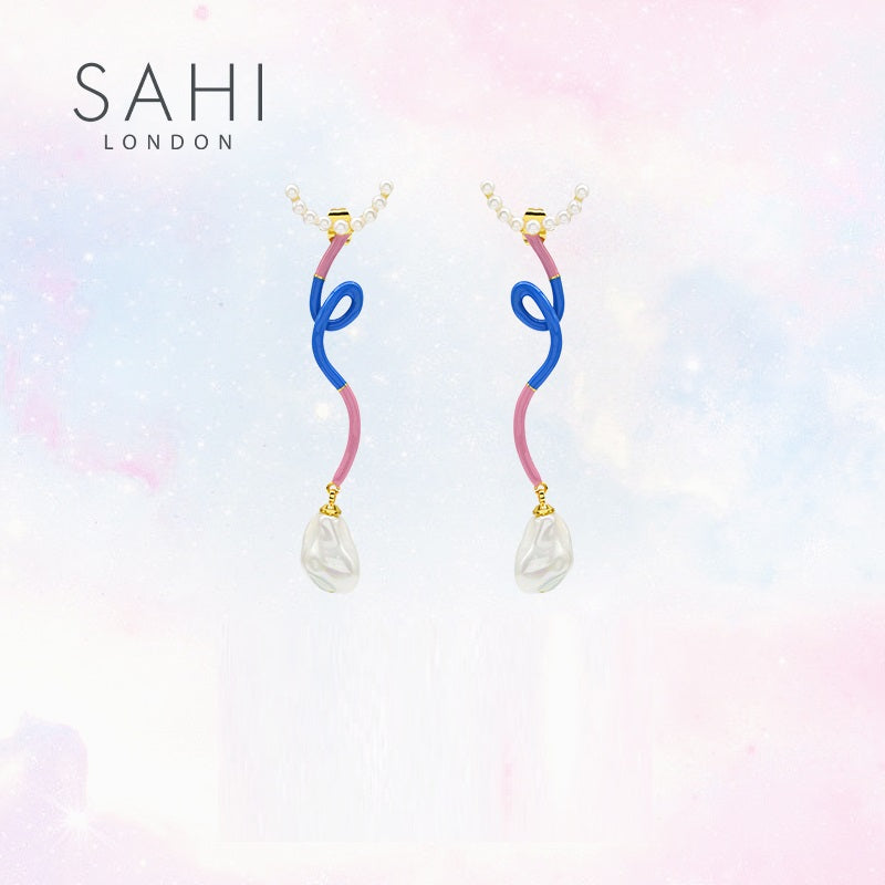 Fantasy Wave Pearl Dangle Earrings in Blue, Pink and Gold