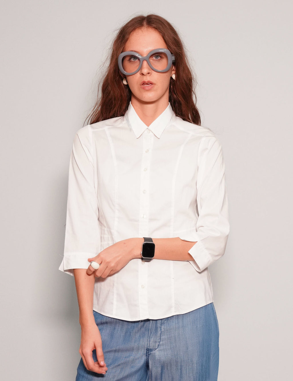 White Cropped Sleeve Blouse