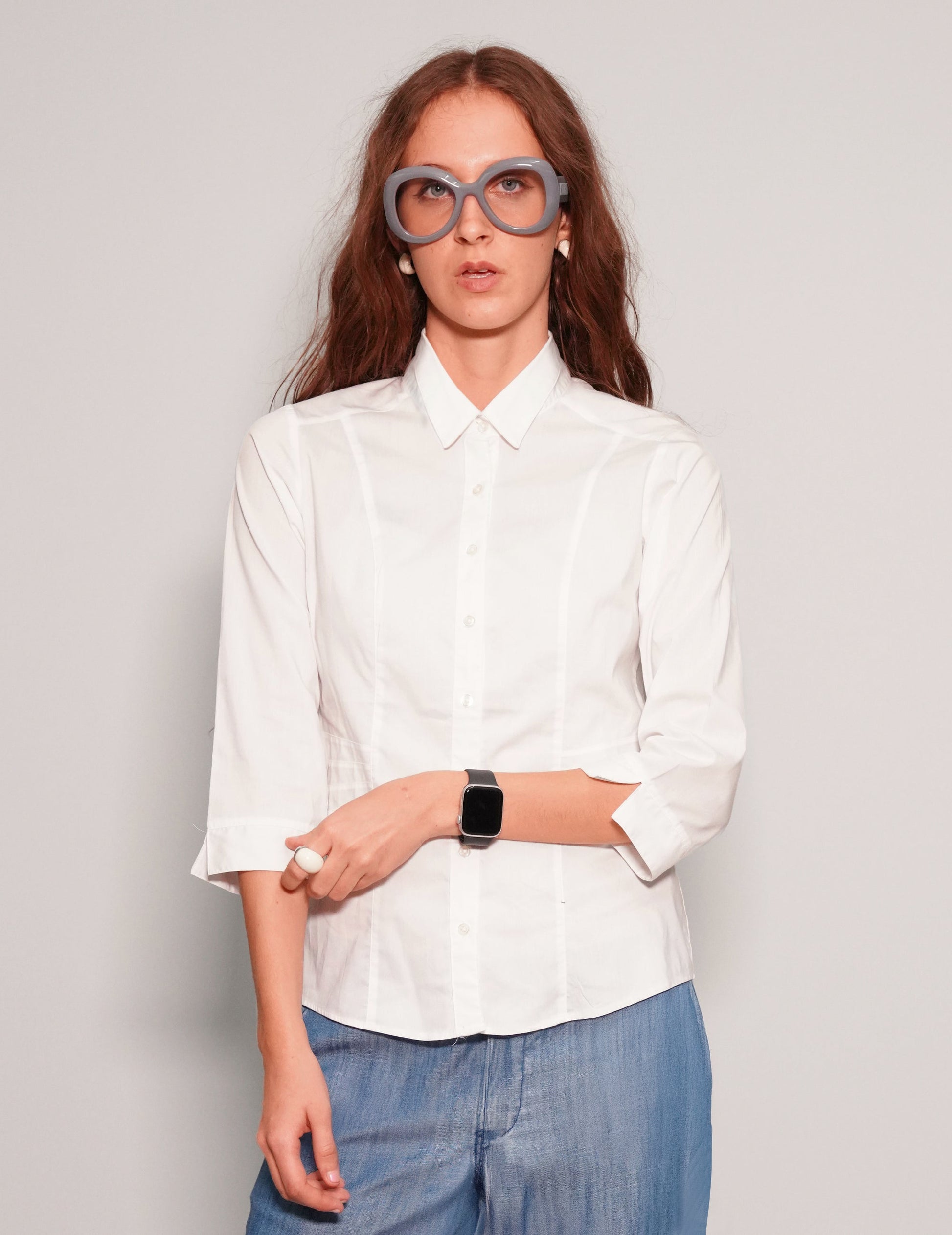 White Cropped Sleeve Blouse
