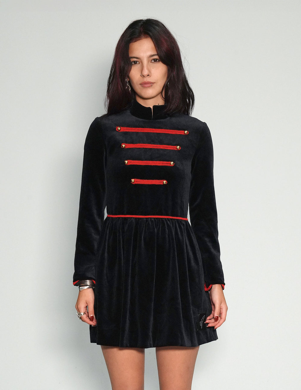 Vintage Military Velvet Dress with Lace Detail
