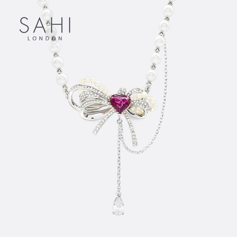 Love Heart Enamel Pearl Charm Necklace in Silver and Violet