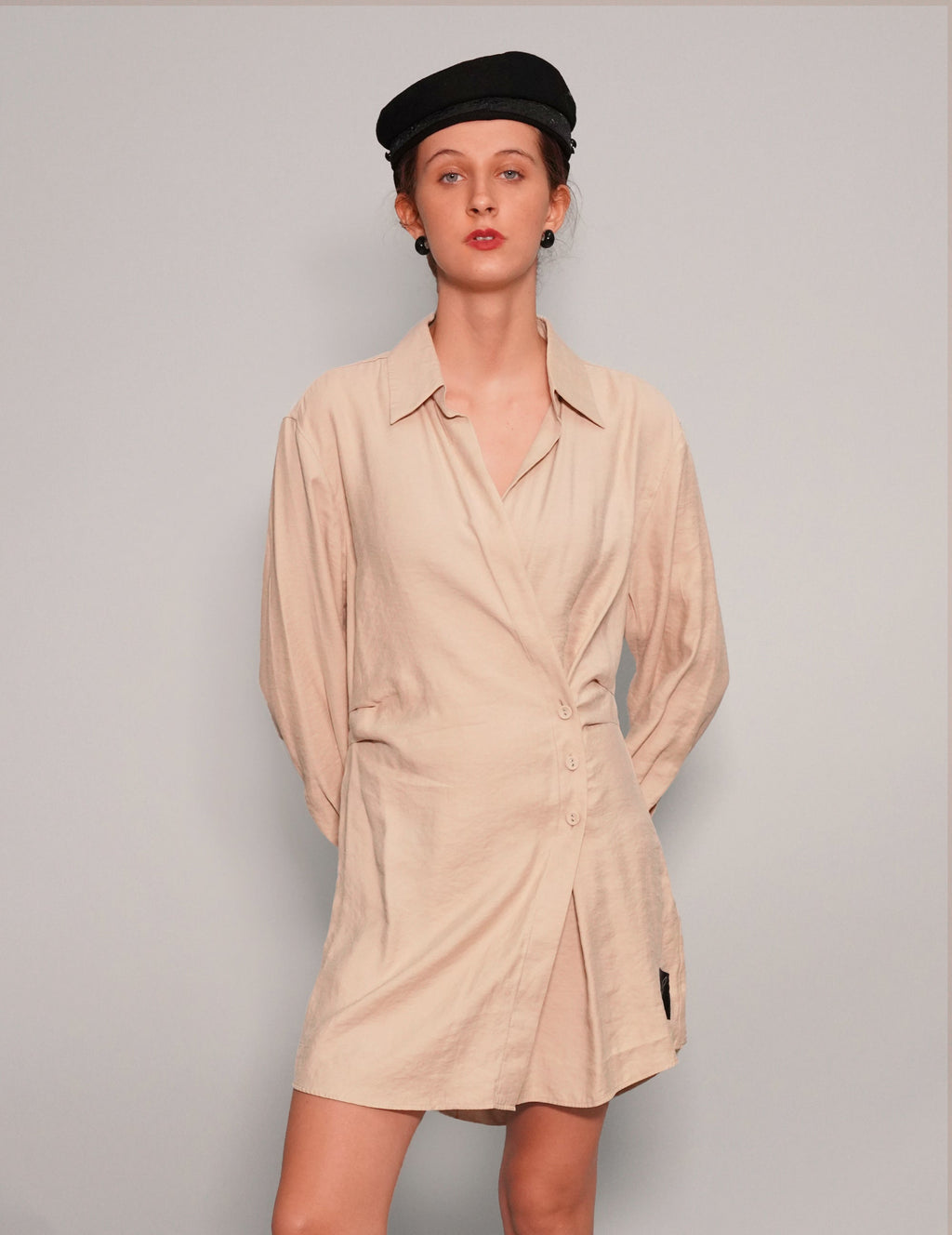 Draped Beige Modal Dress with Adjustable Waist