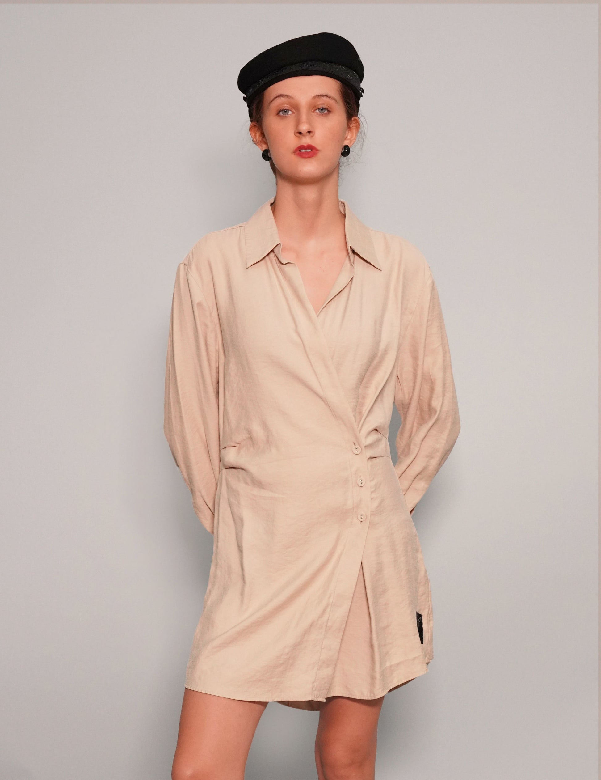 Draped Beige Modal Dress with Adjustable Waist