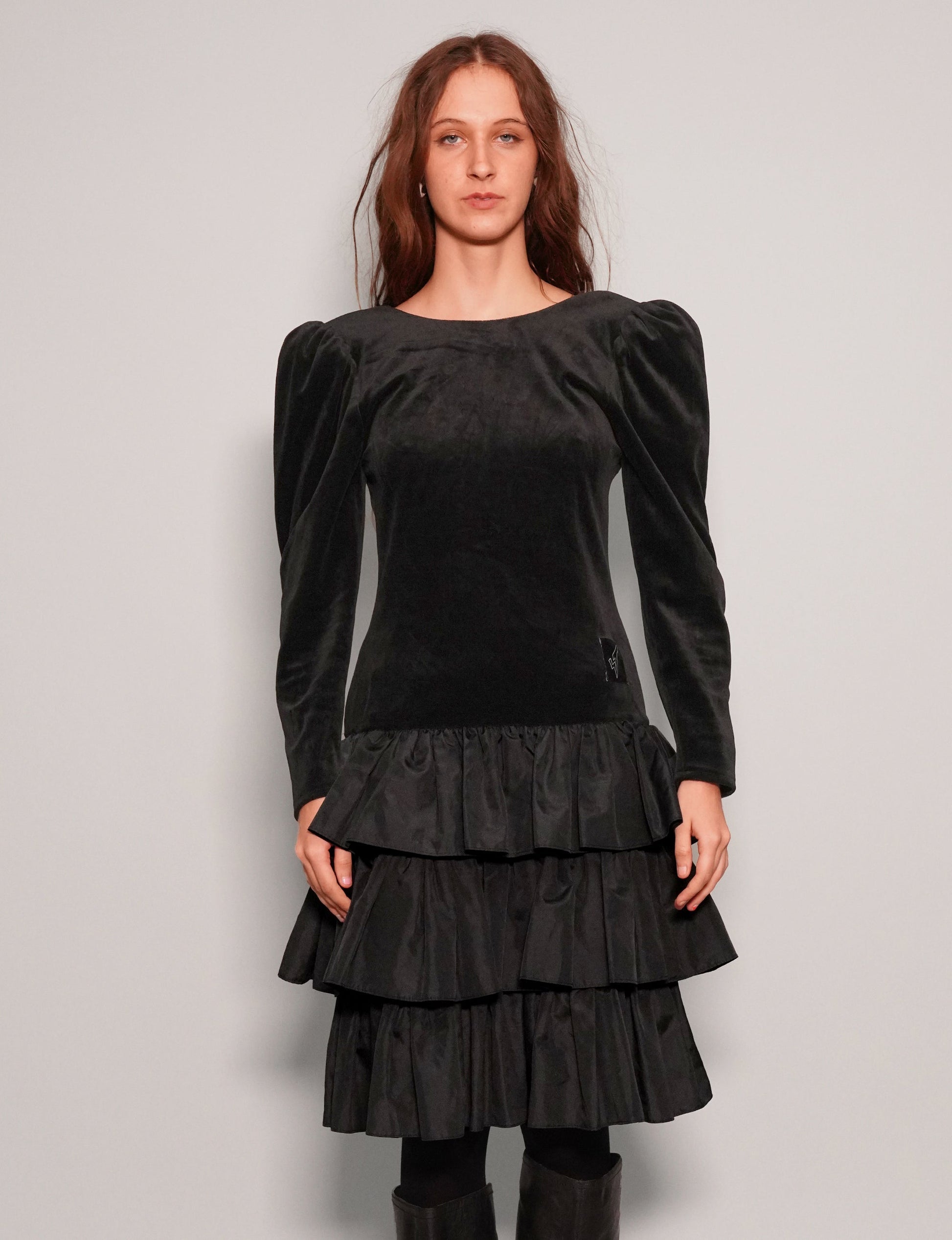 Vintage Dusk Black Velvet Dress with Back Zip