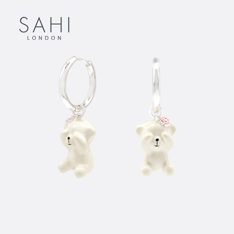 Gold Enameled Camellia Bear Drop Earrings