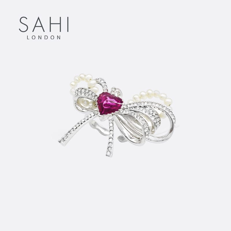 Love Heart Enamel Bow Adjustable Ring