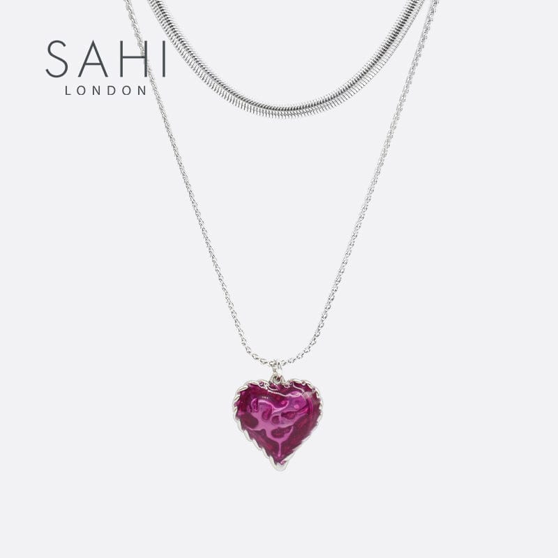 Love Heart Enamel Collar Pendant Necklace in Silver and Violet