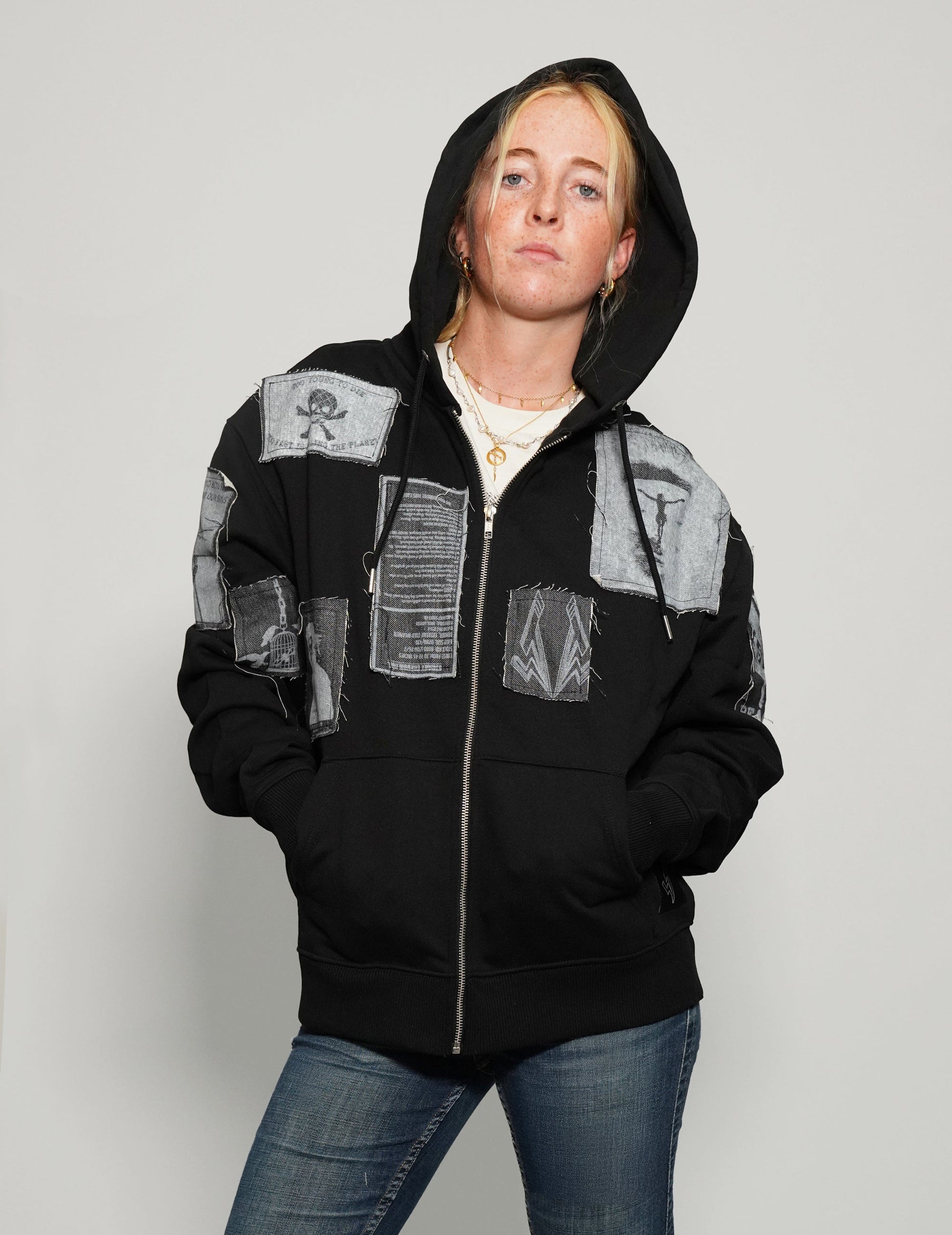 Multipatch Zip Hoodie in Black