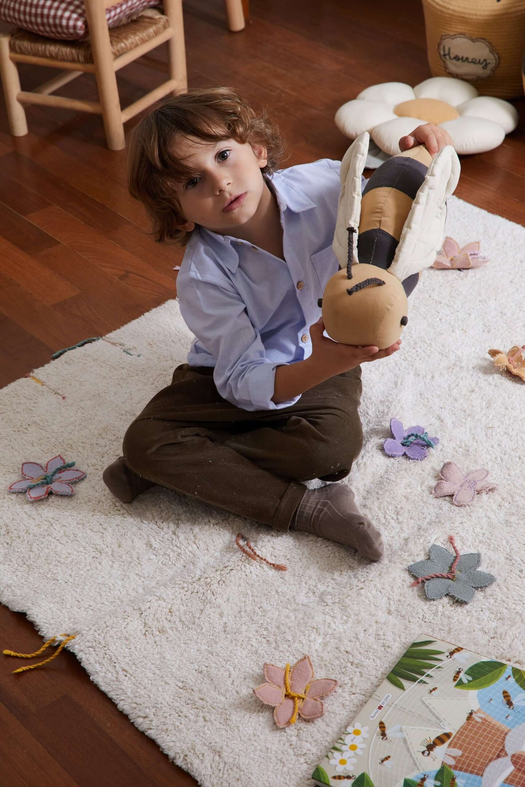 Buzzy Bee Pillow - Handmade & Child-Safe Cotton Comfort with Unique Antenna Design by Lorena Canals at www.brixbailey.com