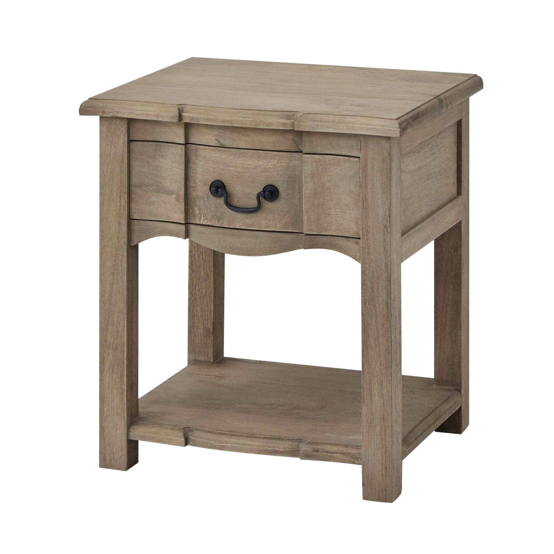 Handcrafted French provincial side table with drawer and shelf in warm brown hardwood, black iron handles by RoomLondon at brixbailey.com