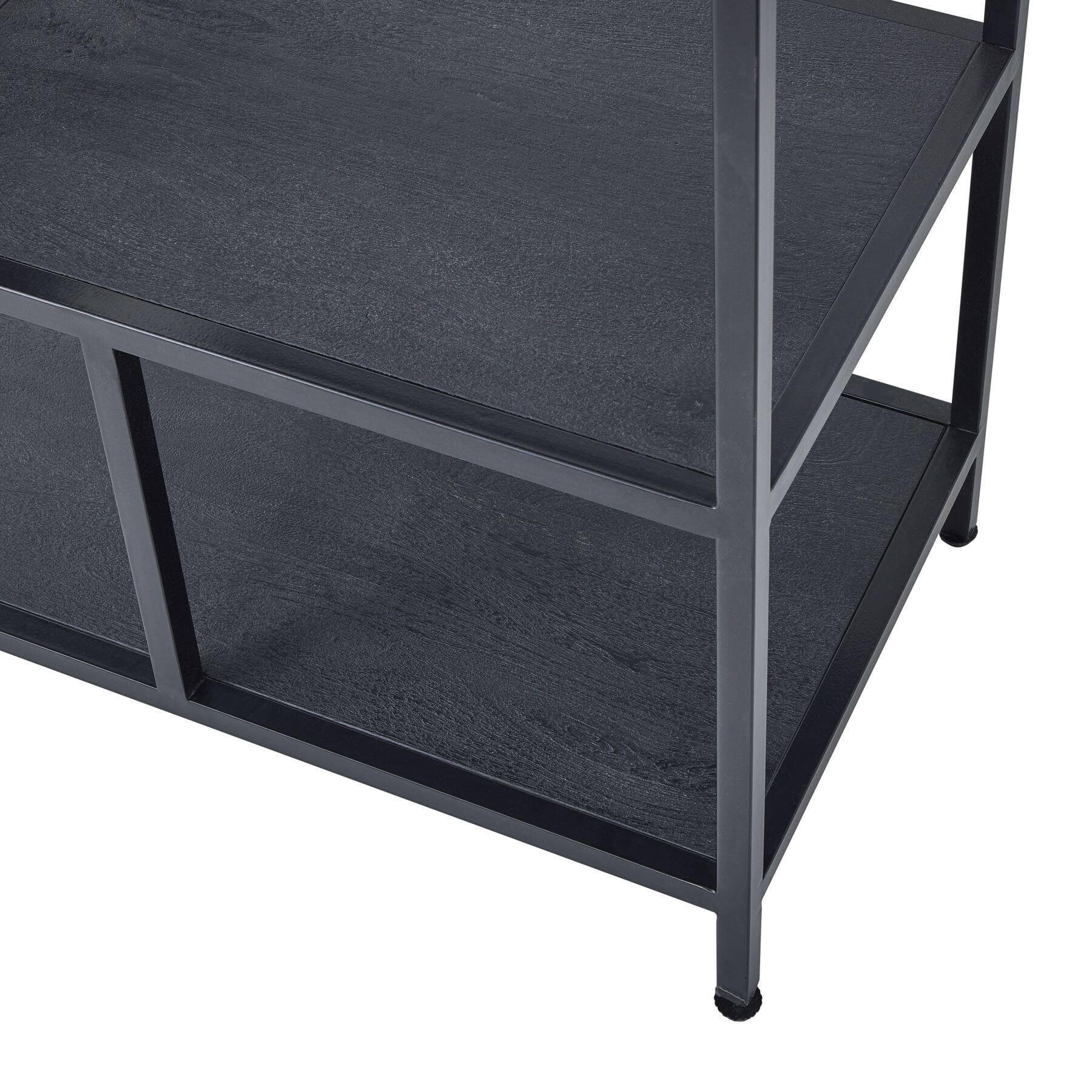 Black metal industrial shelf unit with asymmetrical seven-shelf design and lattice framework for modern home decor. by Sostter at brixbailey.com