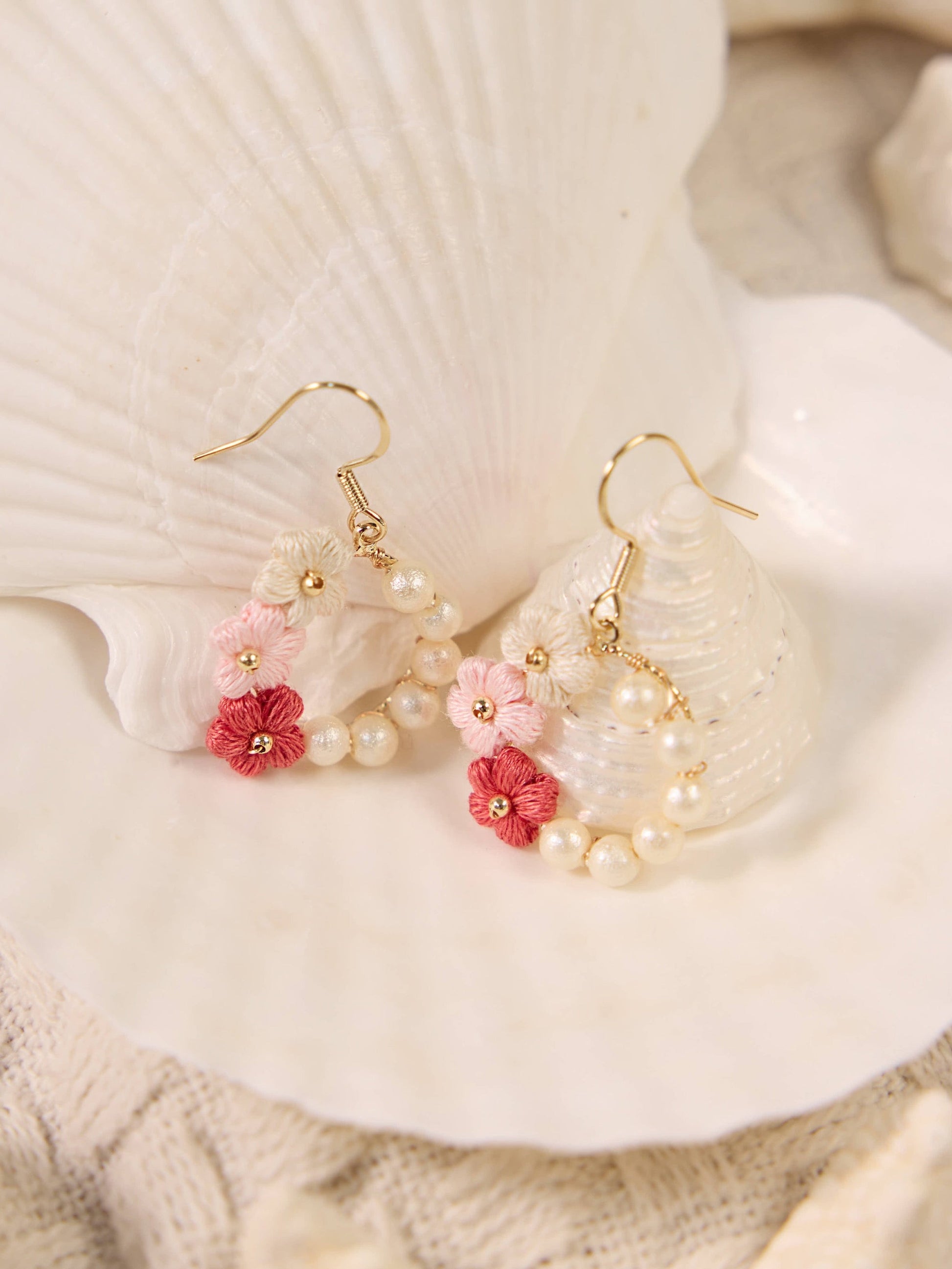Burgundy Flower Micro Crochet Earrings with Pearl Circle