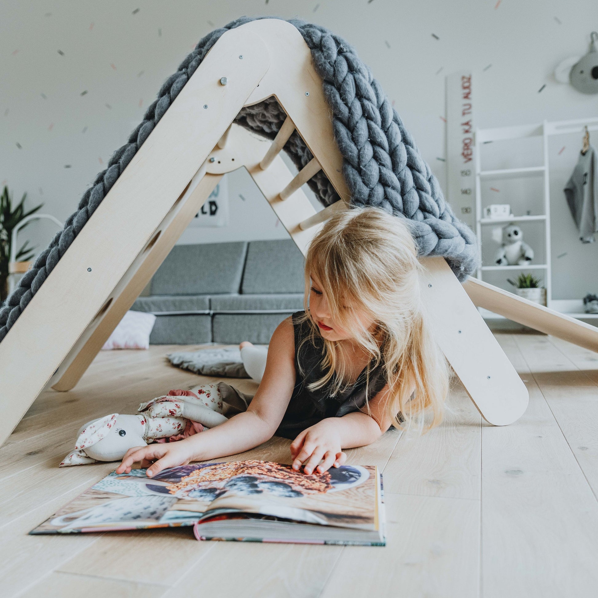 elegant montessori climbing triangle in natural wood, folded at 20.08 height for refined play space