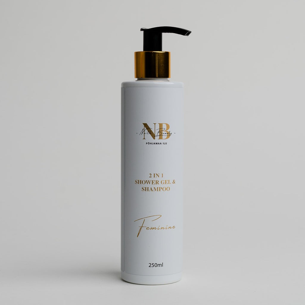 a soft-focused bottle of aloe vera 2-in-1 shower gel and shampoo for women resting on a natural wooden surface