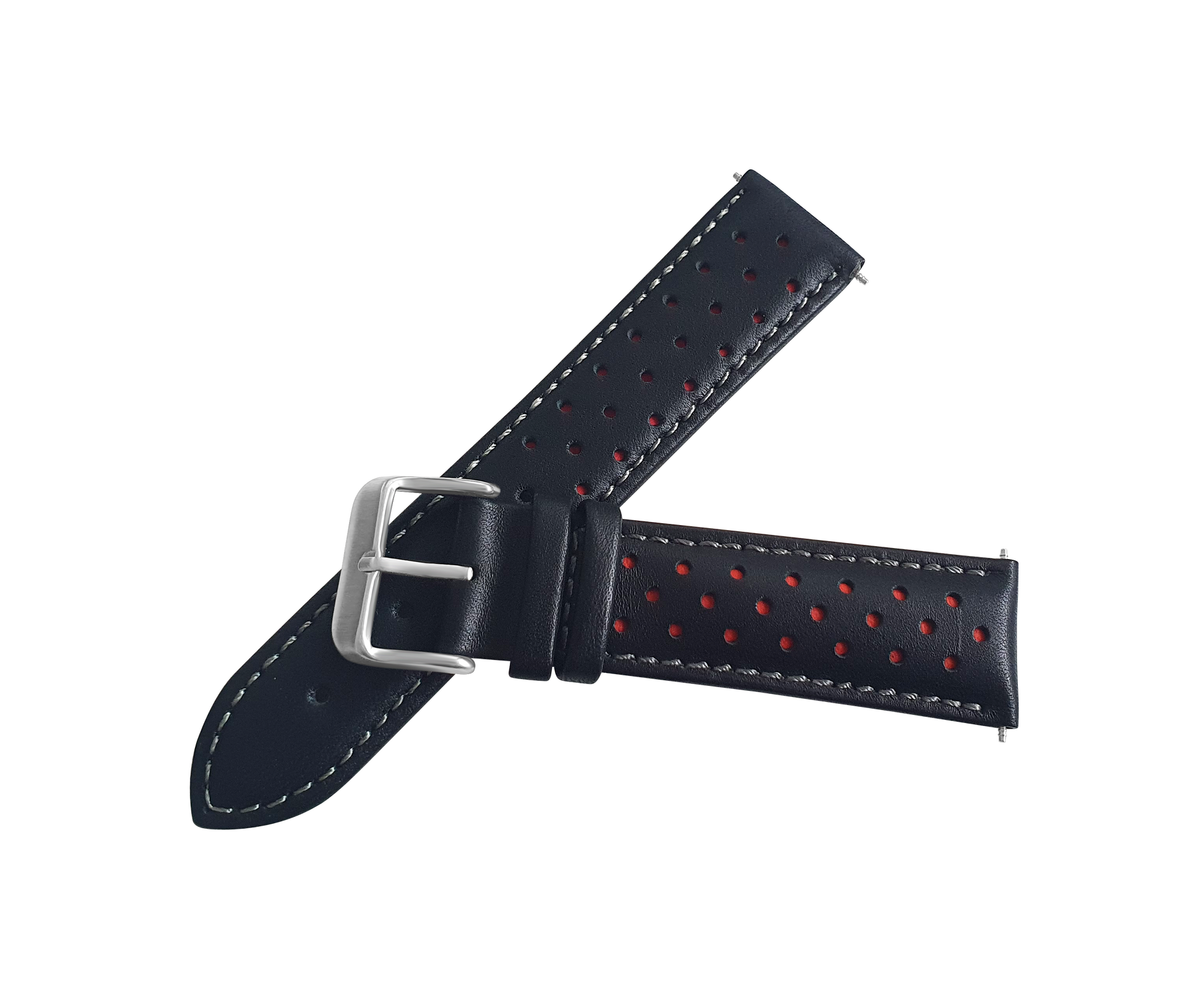 Black and Red Leather Rally Watch Strap with Silver Buckle